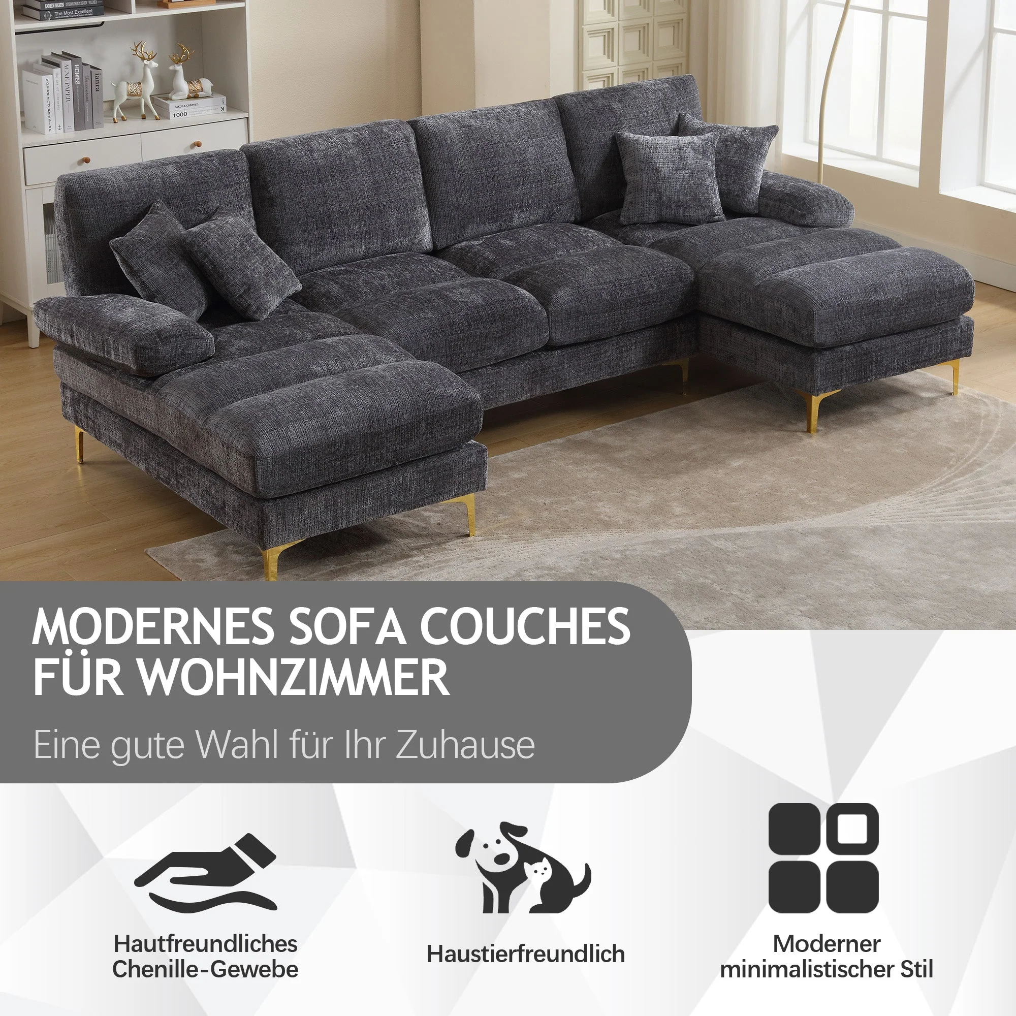 Chenille U-Shape Sectional Sofa, Large with Double Reclining Seats, Modern - Image 6