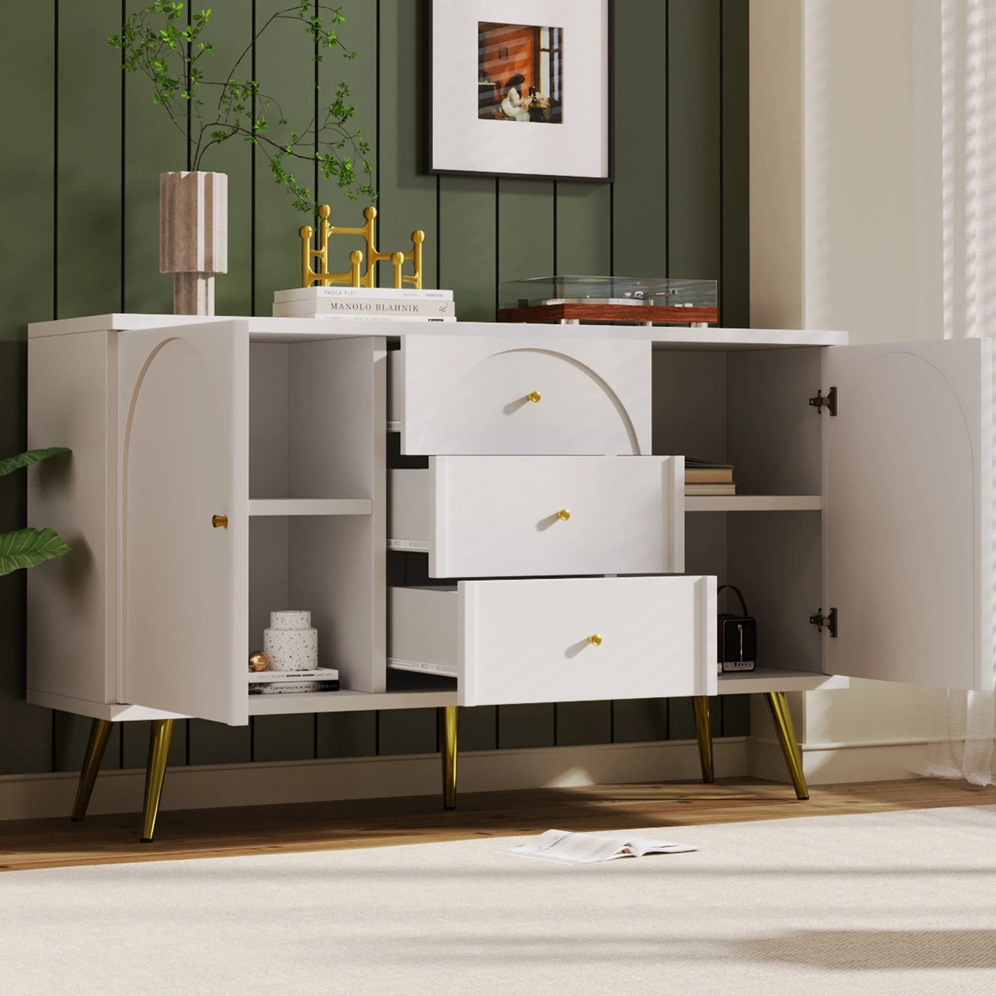 Chest of Drawers, 2 Doors, 3 Drawers, Adjustable Shelf, Cream-White - Image 8