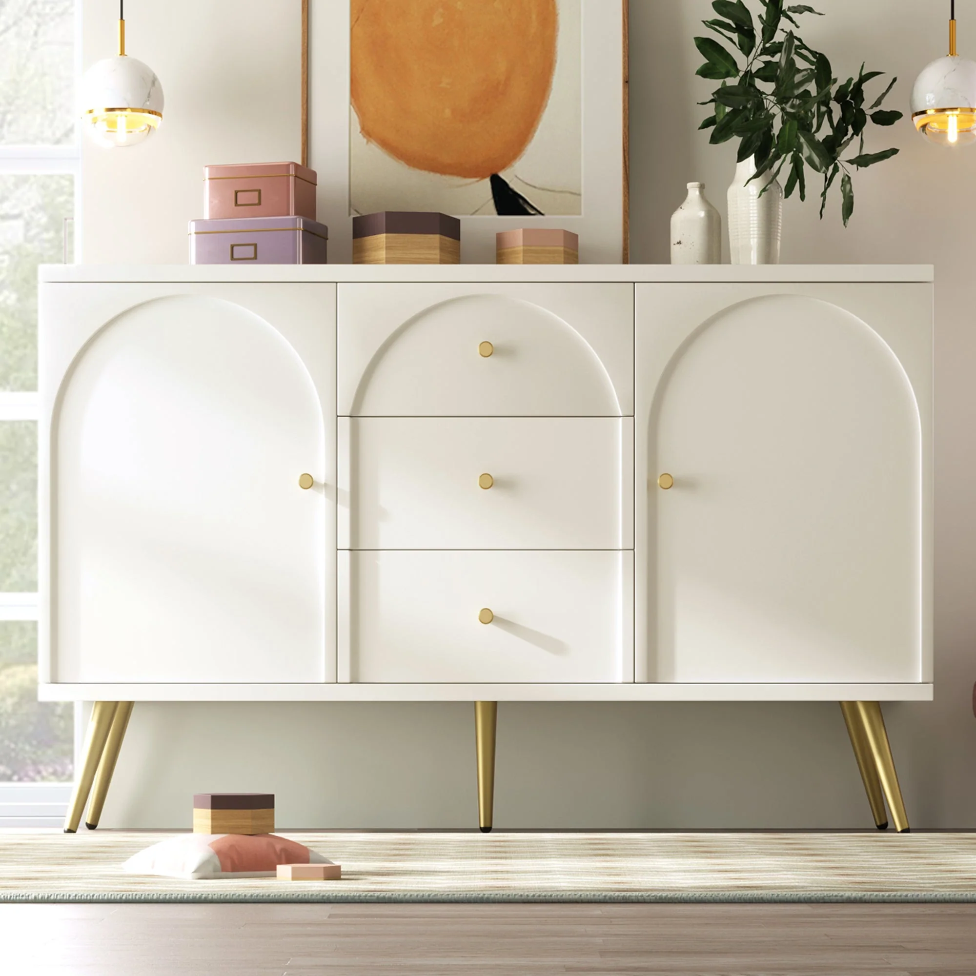 Chest of Drawers, 2 Doors, 3 Drawers, Adjustable Shelf, Cream-White - Image 9