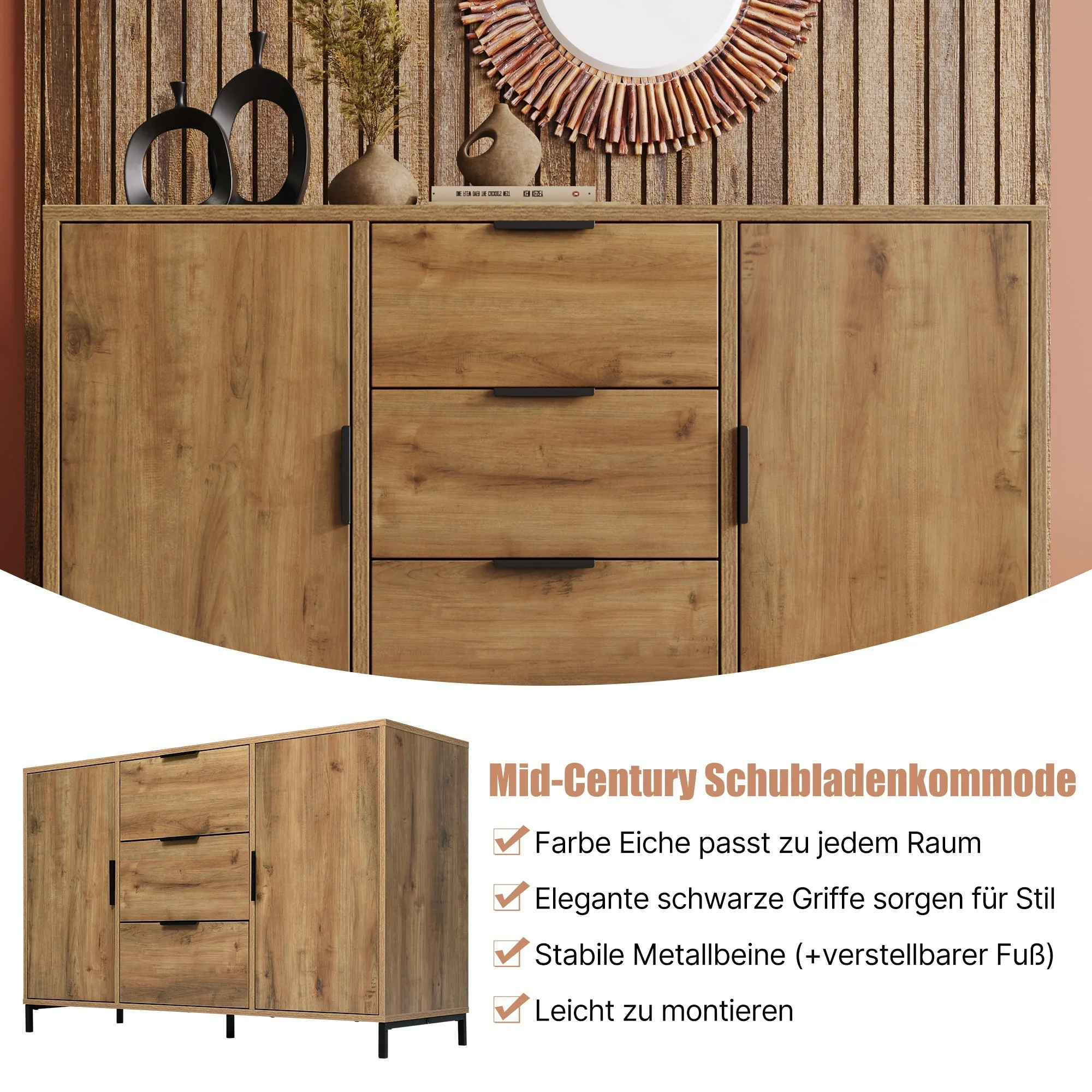 Chest of Drawers, 2 Doors & 3 Drawers, Adjustable Shelf, Dark Oak - Image 10
