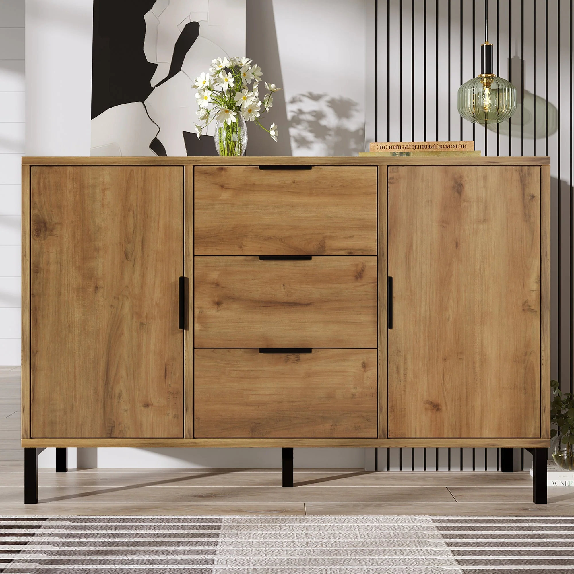 Chest of Drawers, 2 Doors & 3 Drawers, Adjustable Shelf, Dark Oak - Image 2