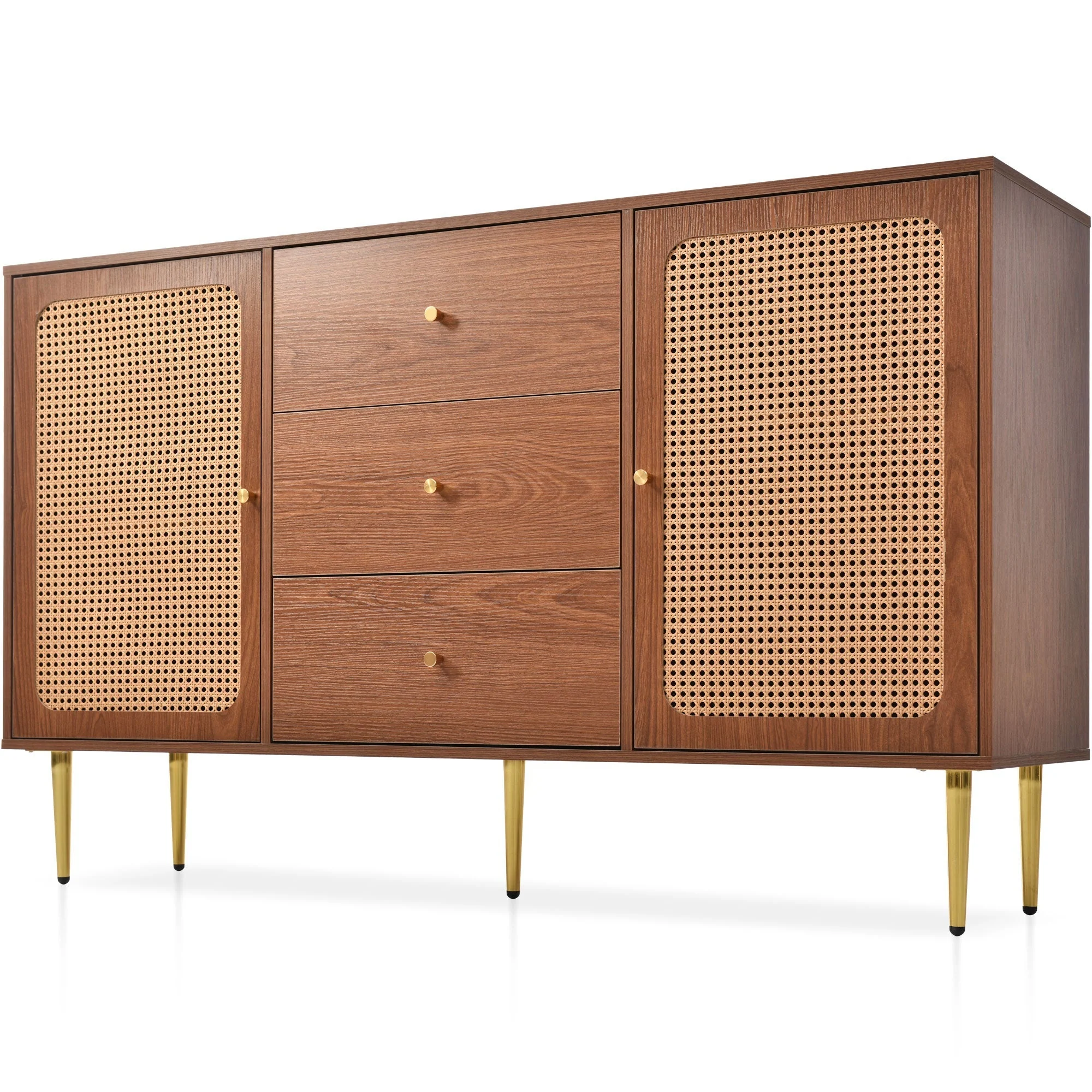 Chest of Drawers, 2 Doors, 3 Drawers, Rattan, Adjustable Shelf, Walnut - Image 5