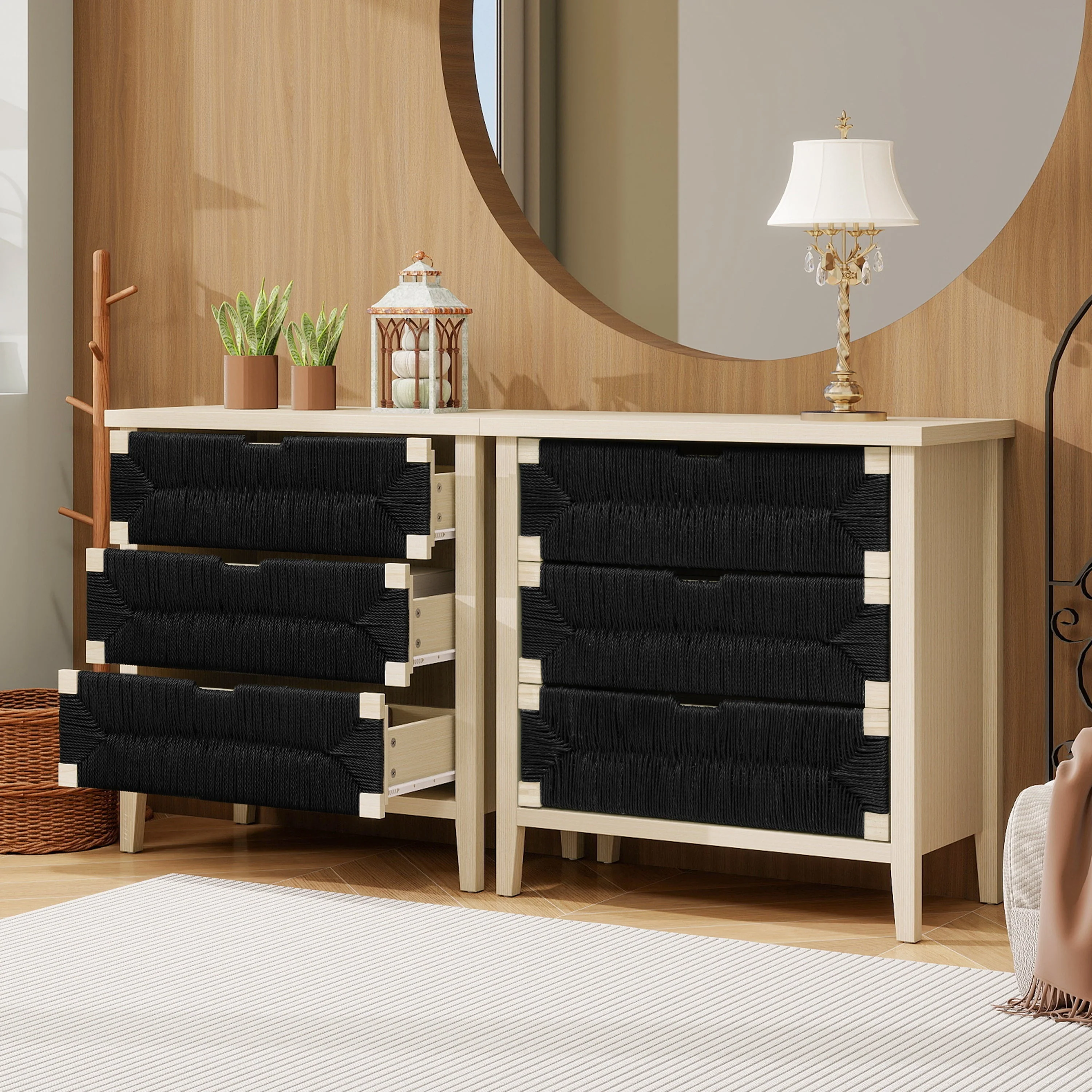 Chest of Drawers 3-Drawer Boho Rope Design 80cm - Natural Wood/Black - Image 10