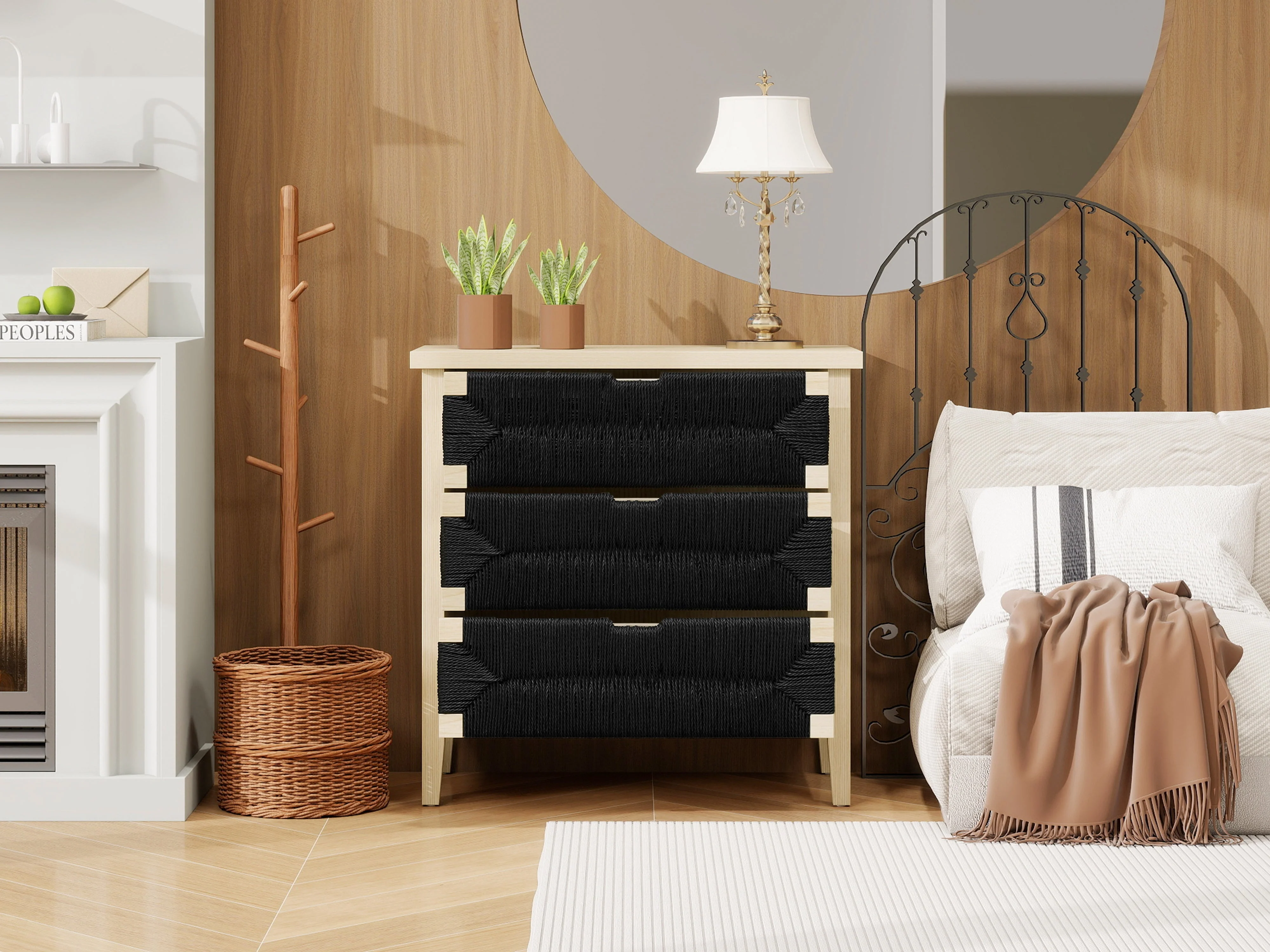 Chest of Drawers 3-Drawer Boho Rope Design 80cm - Natural Wood/Black - Image 2
