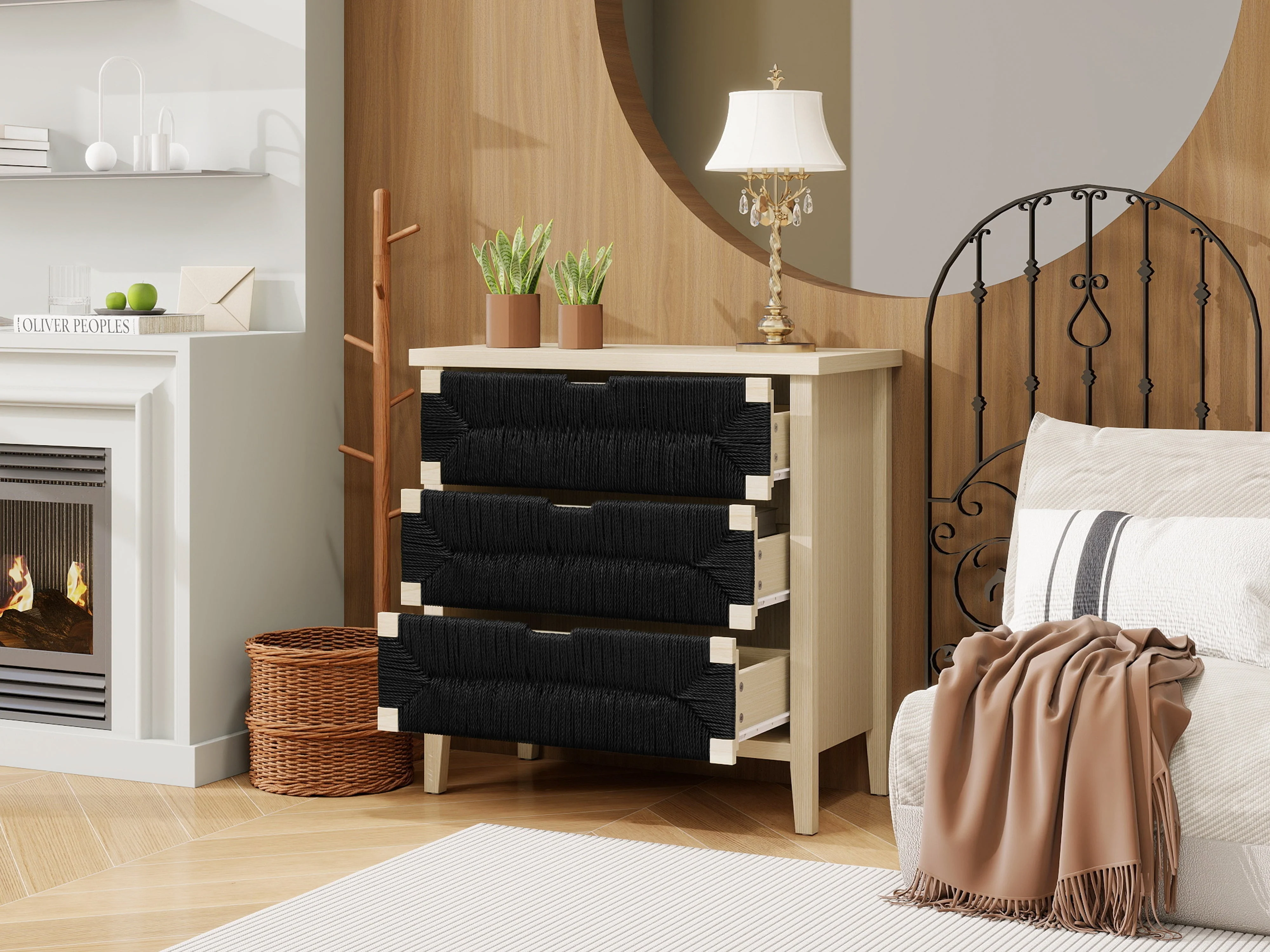 Chest of Drawers 3-Drawer Boho Rope Design 80cm - Natural Wood/Black - Image 3