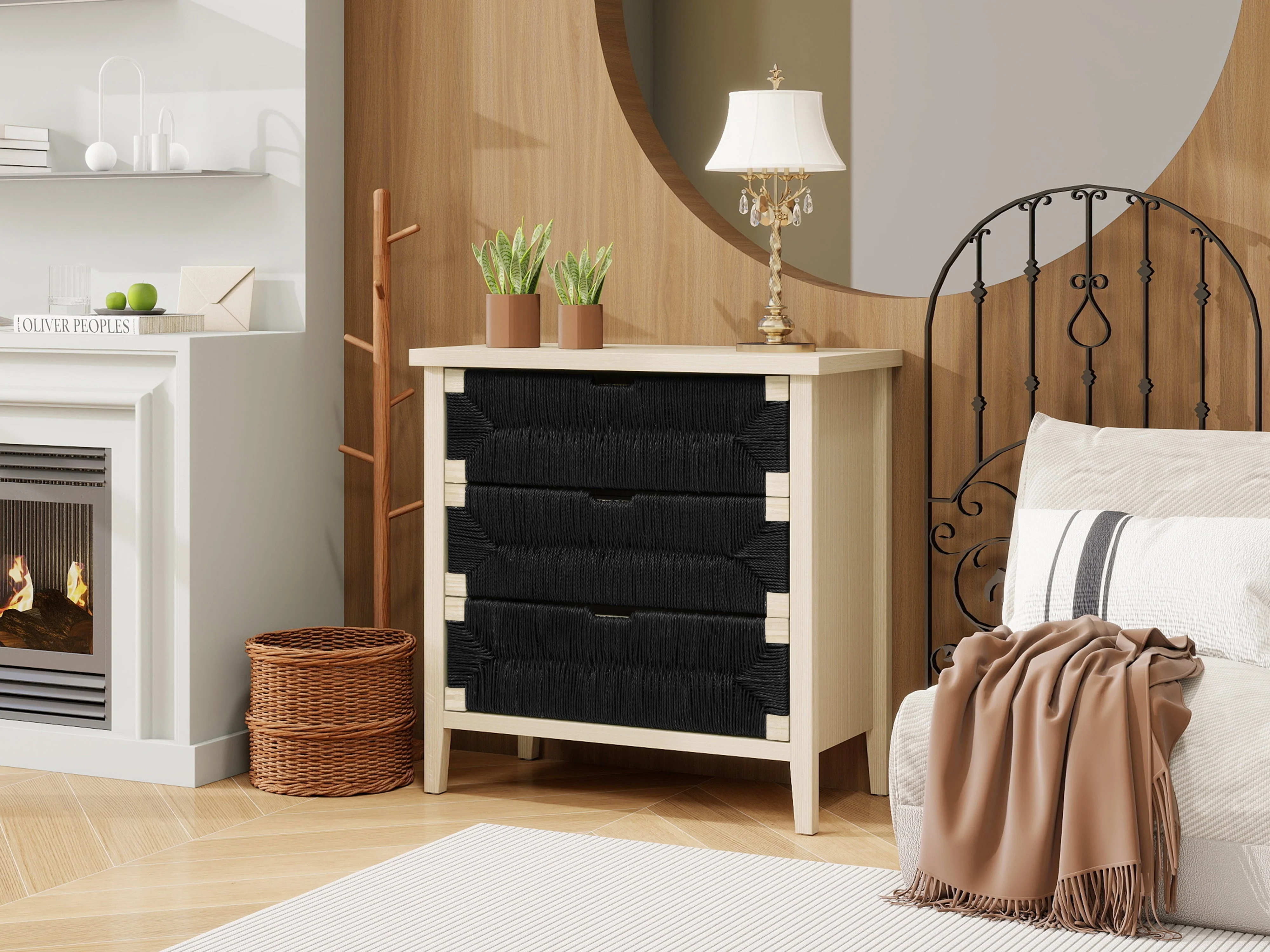 Chest of Drawers 3-Drawer Boho Rope Design 80cm - Natural Wood/Black - Image 4