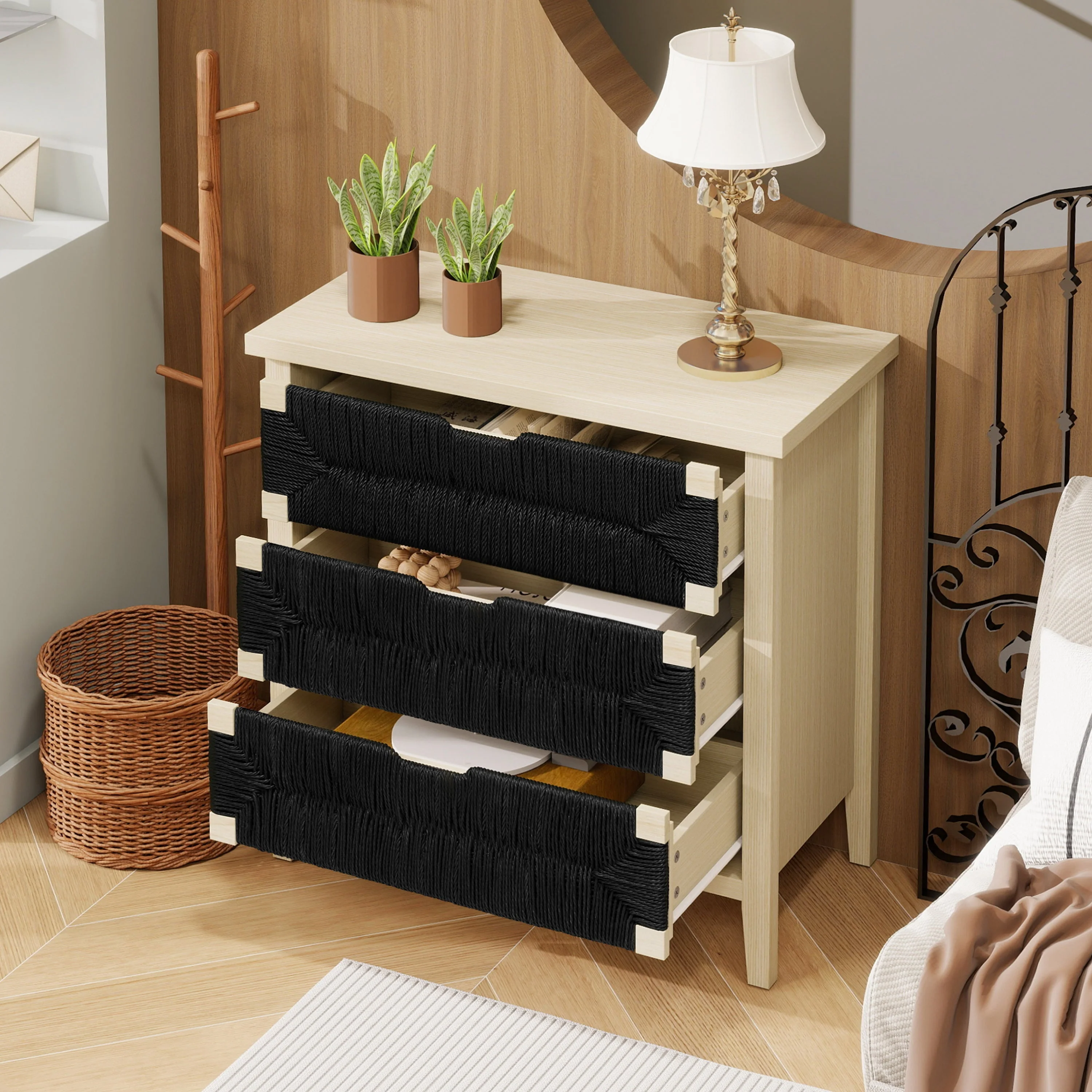 Chest of Drawers 3-Drawer Boho Rope Design 80cm - Natural Wood/Black - Image 5