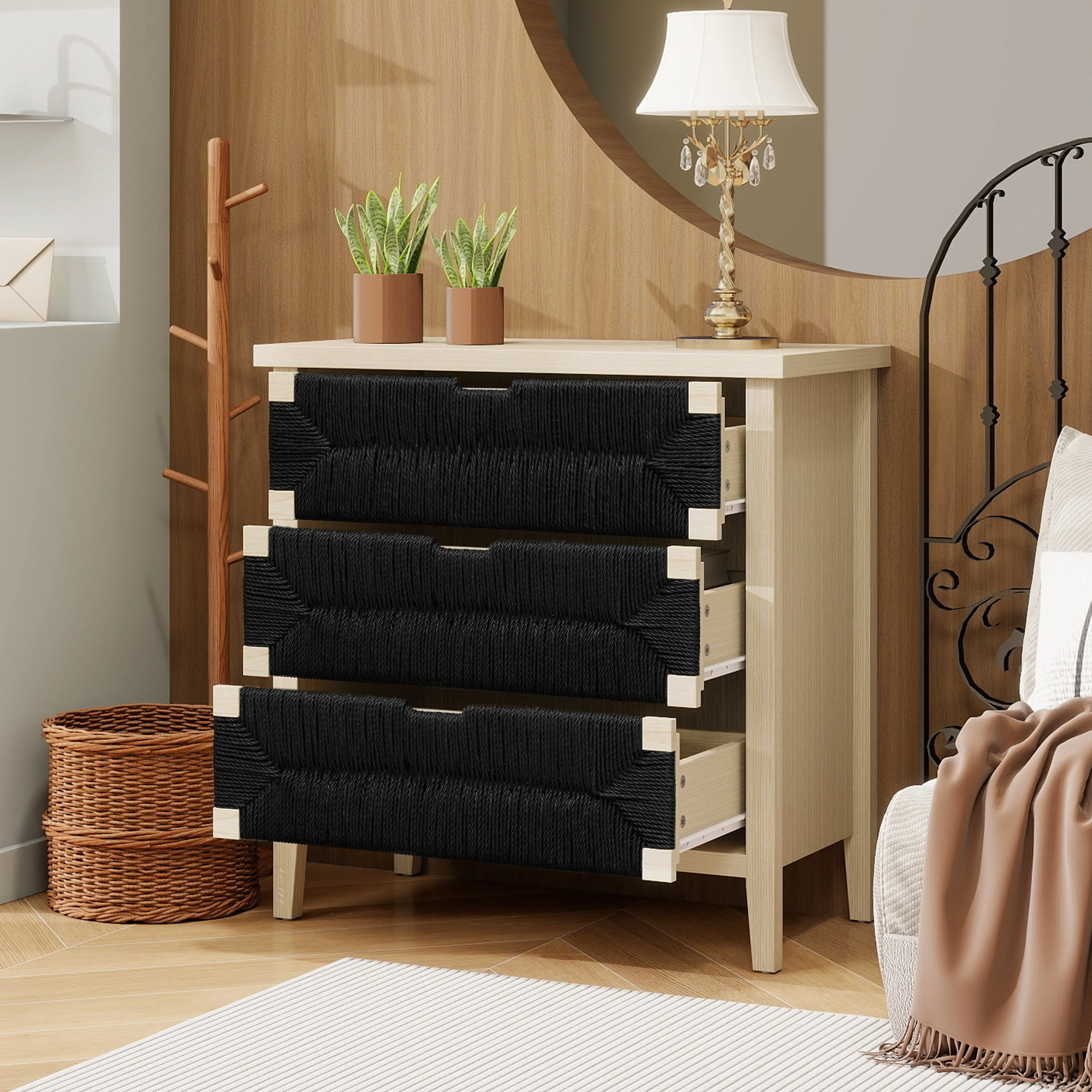 Chest of Drawers 3-Drawer Boho Rope Design 80cm - Natural Wood/Black - Image 6
