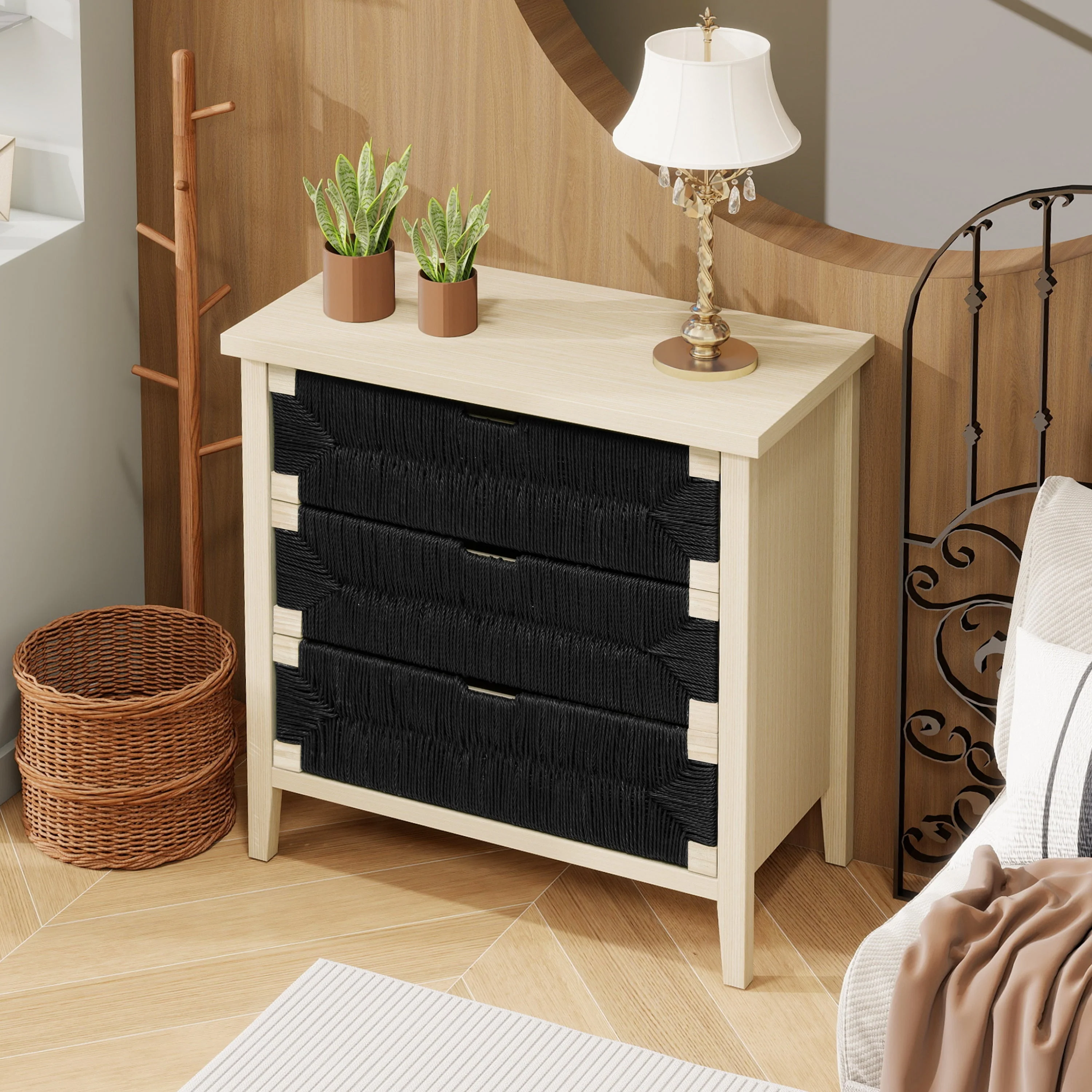 Chest of Drawers 3-Drawer Boho Rope Design 80cm - Natural Wood/Black - Image 7