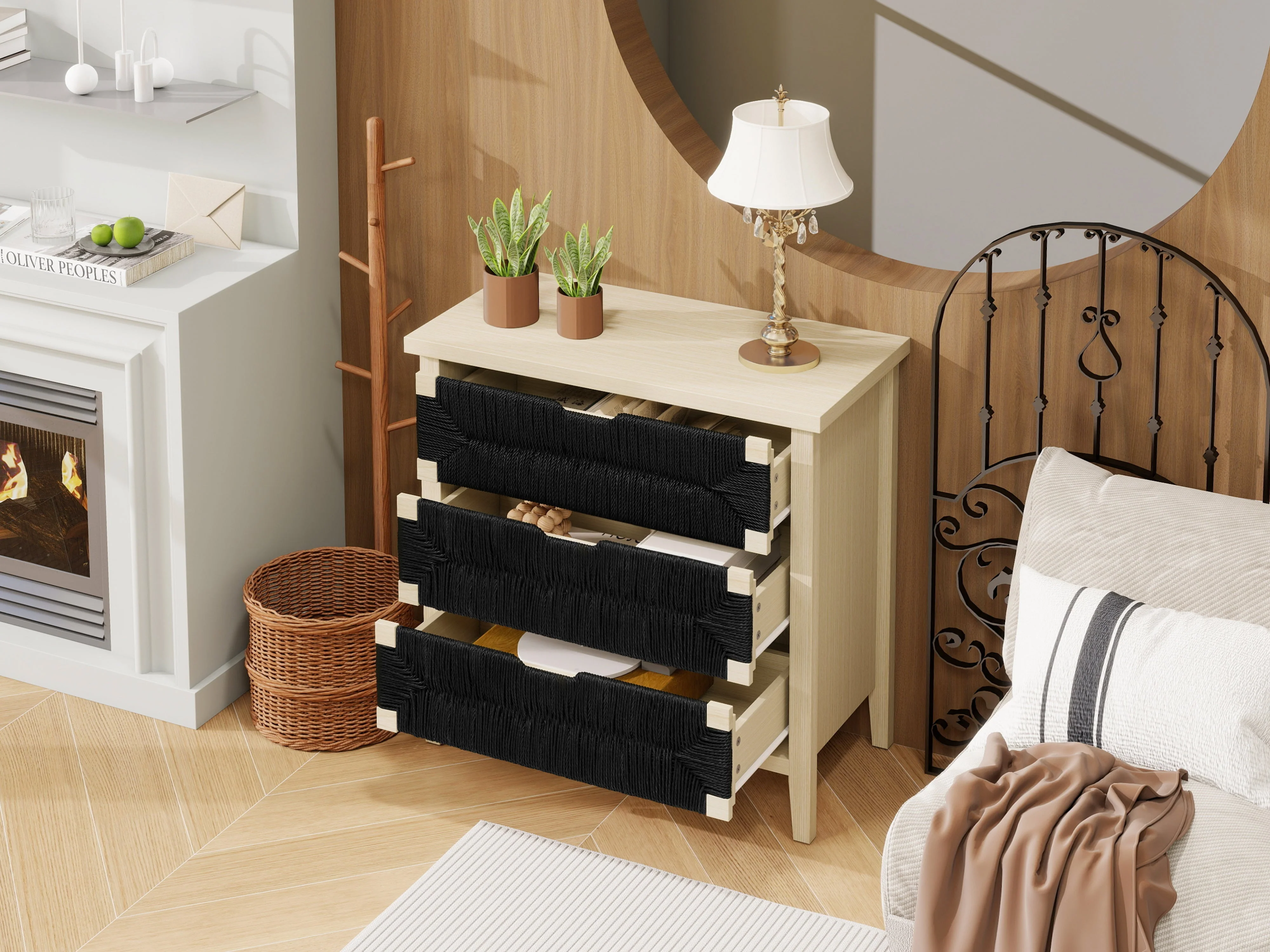 Chest of Drawers 3-Drawer Boho Rope Design 80cm - Natural Wood/Black - Image 8