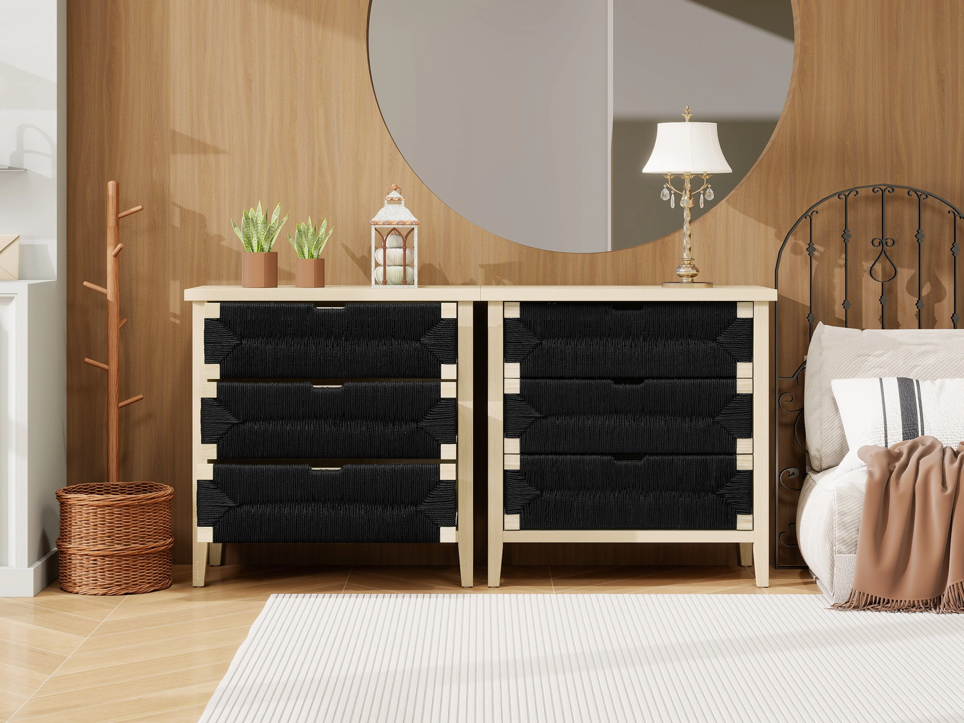 Chest of Drawers 3-Drawer Boho Rope Design 80cm - Natural Wood/Black - Image 9