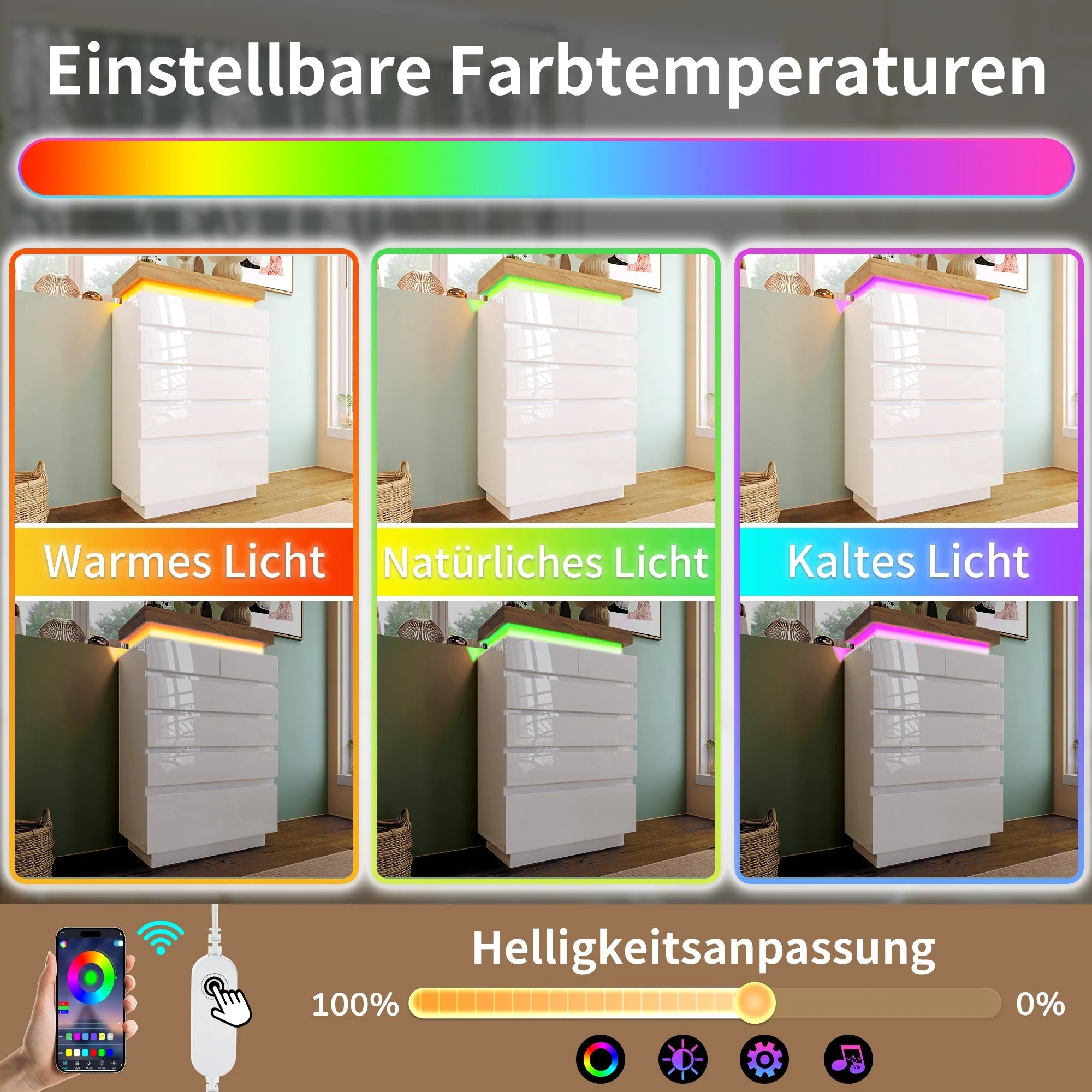 Chest of Drawers, 6-Drawer LED High-Gloss Sideboard, White - Image 5