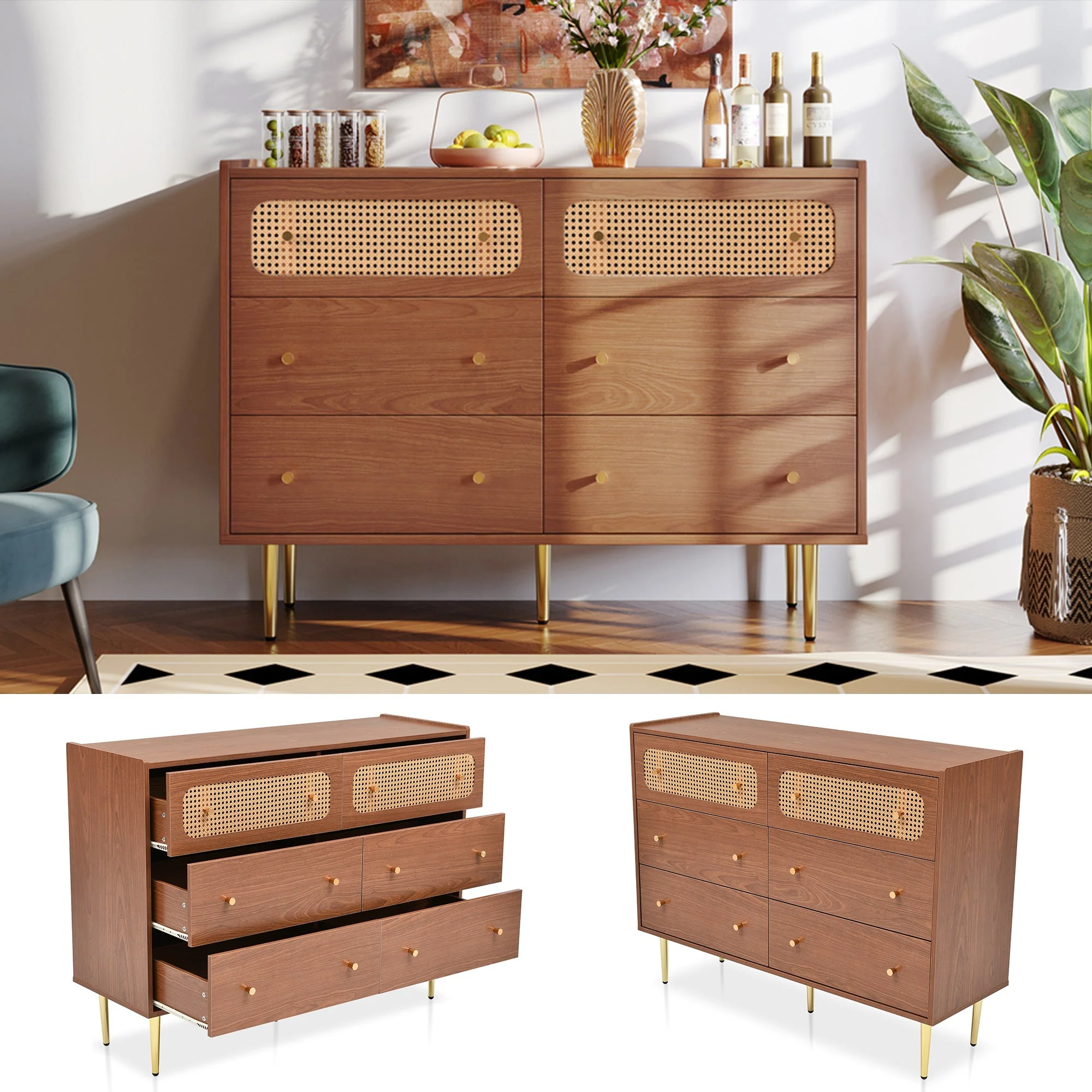 Chest of Drawers, 6 Drawer Rattan Sideboard, Walnut - Image 2