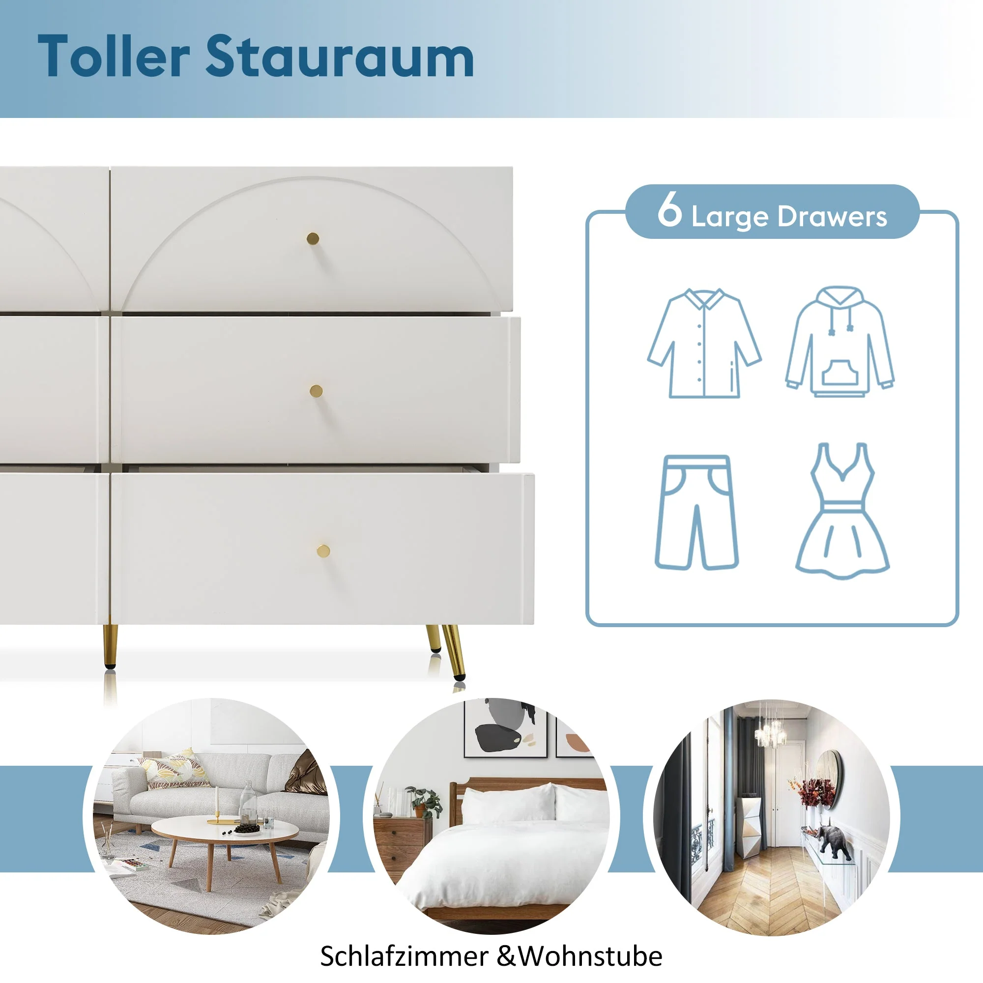 Chest of Drawers, 6-Drawer Sideboard Highboard, Cream-White - Image 3
