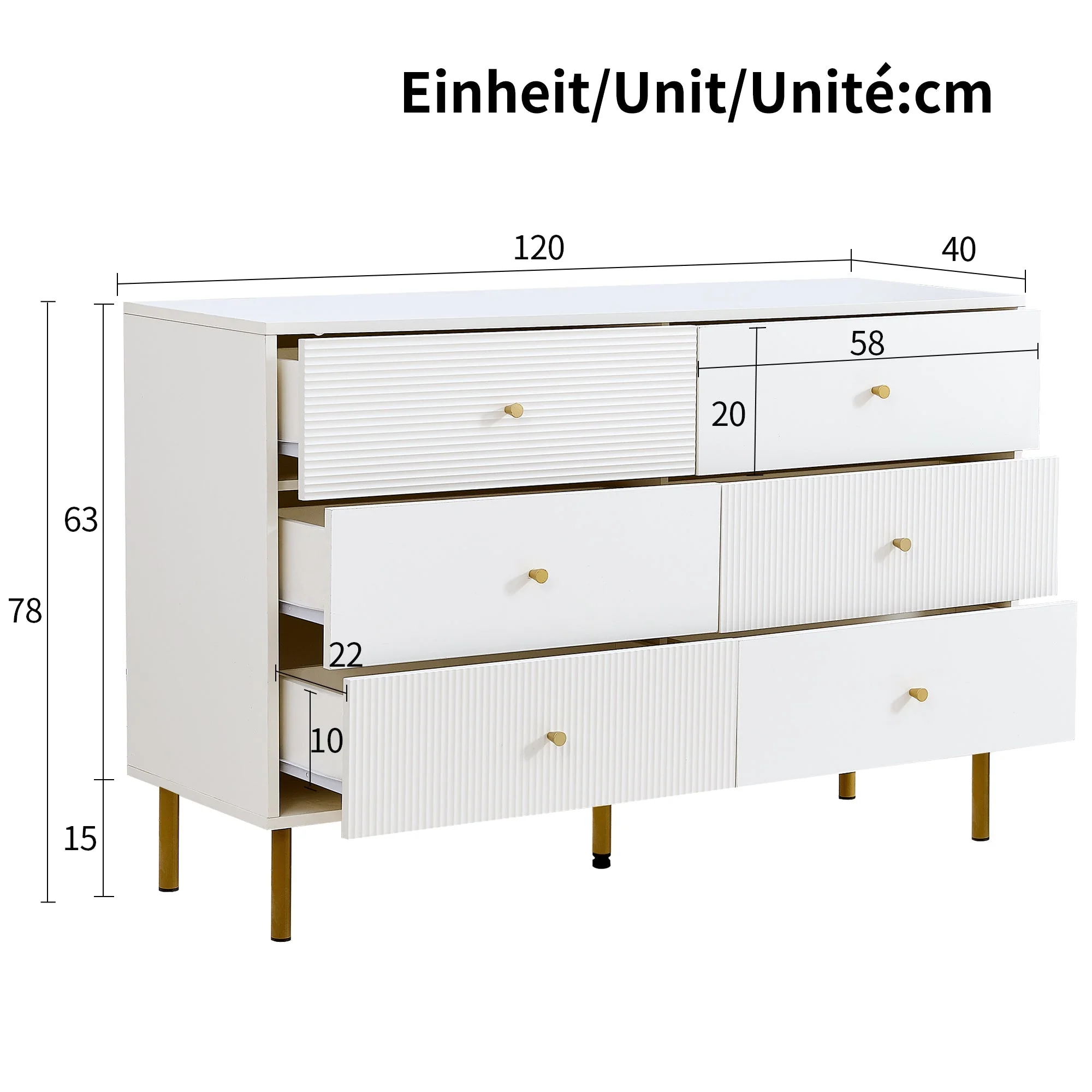 Chest of Drawers, 6-Drawer Storage with Steel Legs, White MDF - Image 6