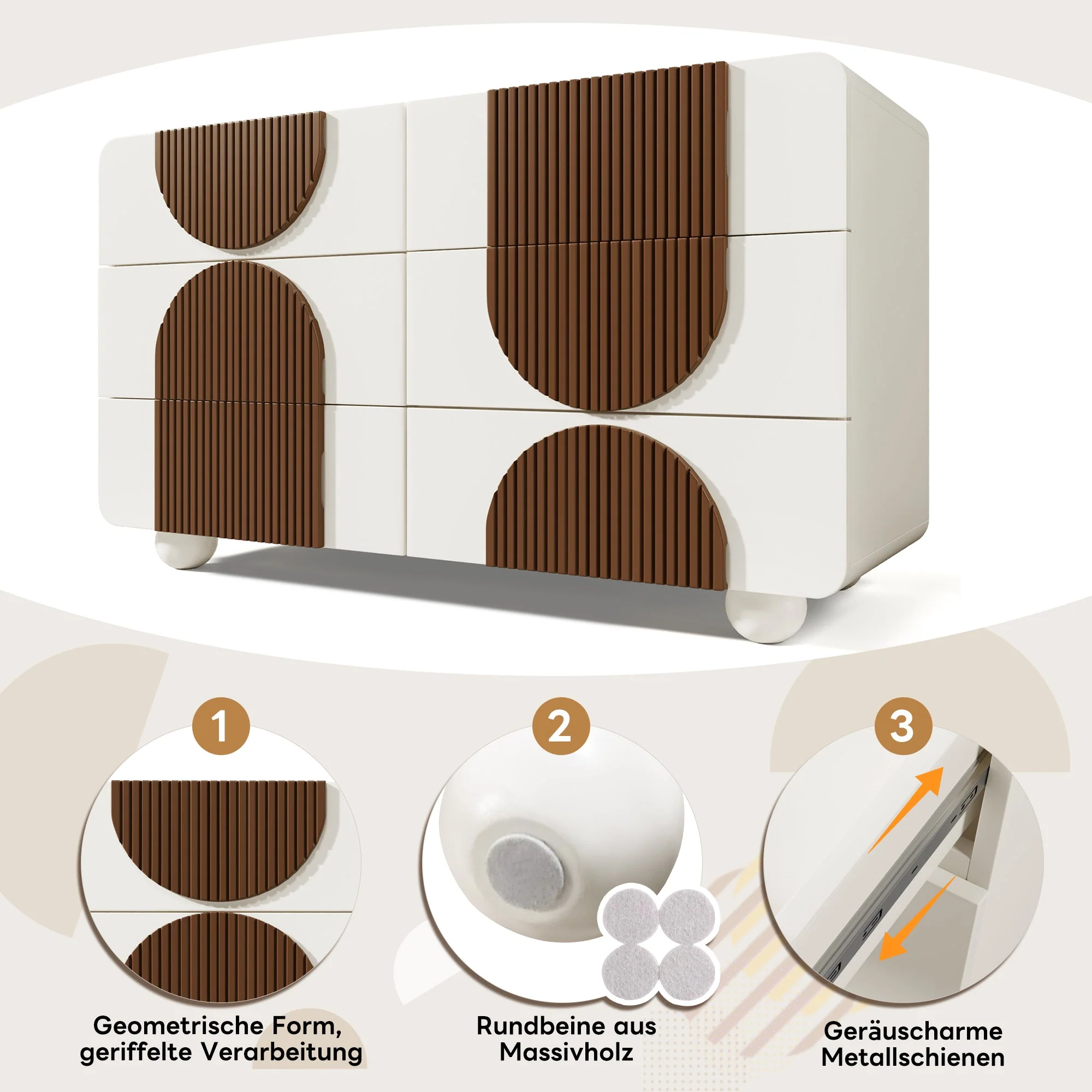 Chest of drawers 6 drawers curved design Elegant white with chocolate-colored wooden trim - Image 7