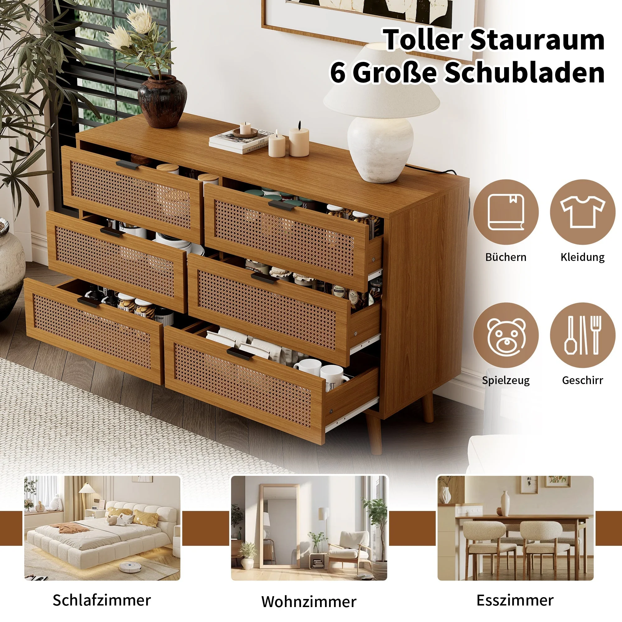 Chest of drawers 6 drawers with metal handles made of wood - Image 12