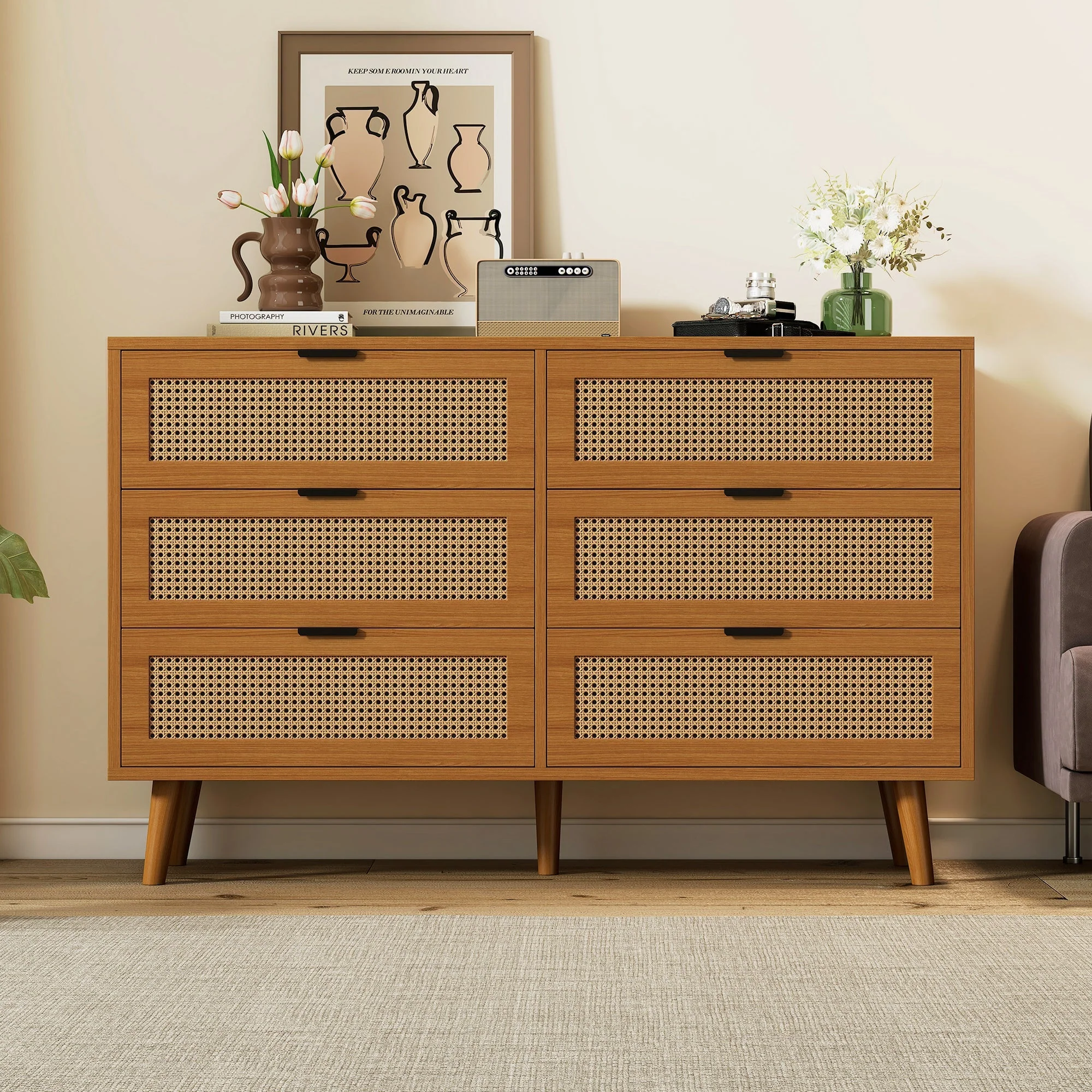 Chest of drawers 6 drawers with metal handles made of wood - Image 9