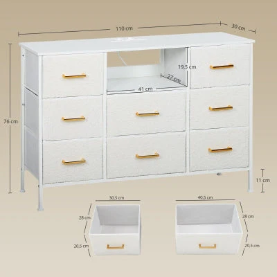 Chest of Drawers 8 Fabric Drawers Power Strip Steel Frame - Cream White - Image 3