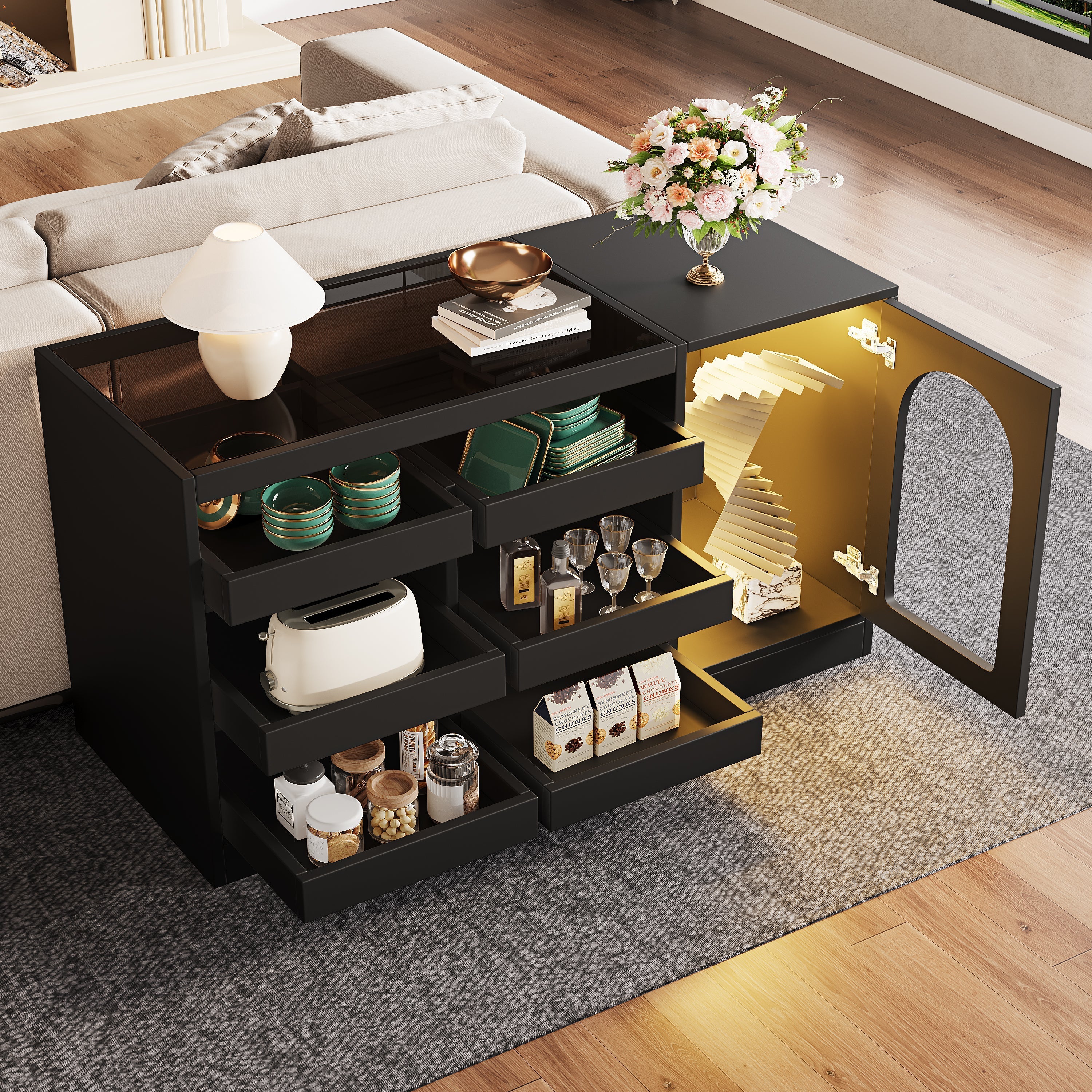 Chest of Drawers Cabinet, Modern 6-Drawer Hollow Door LED Light, Black
