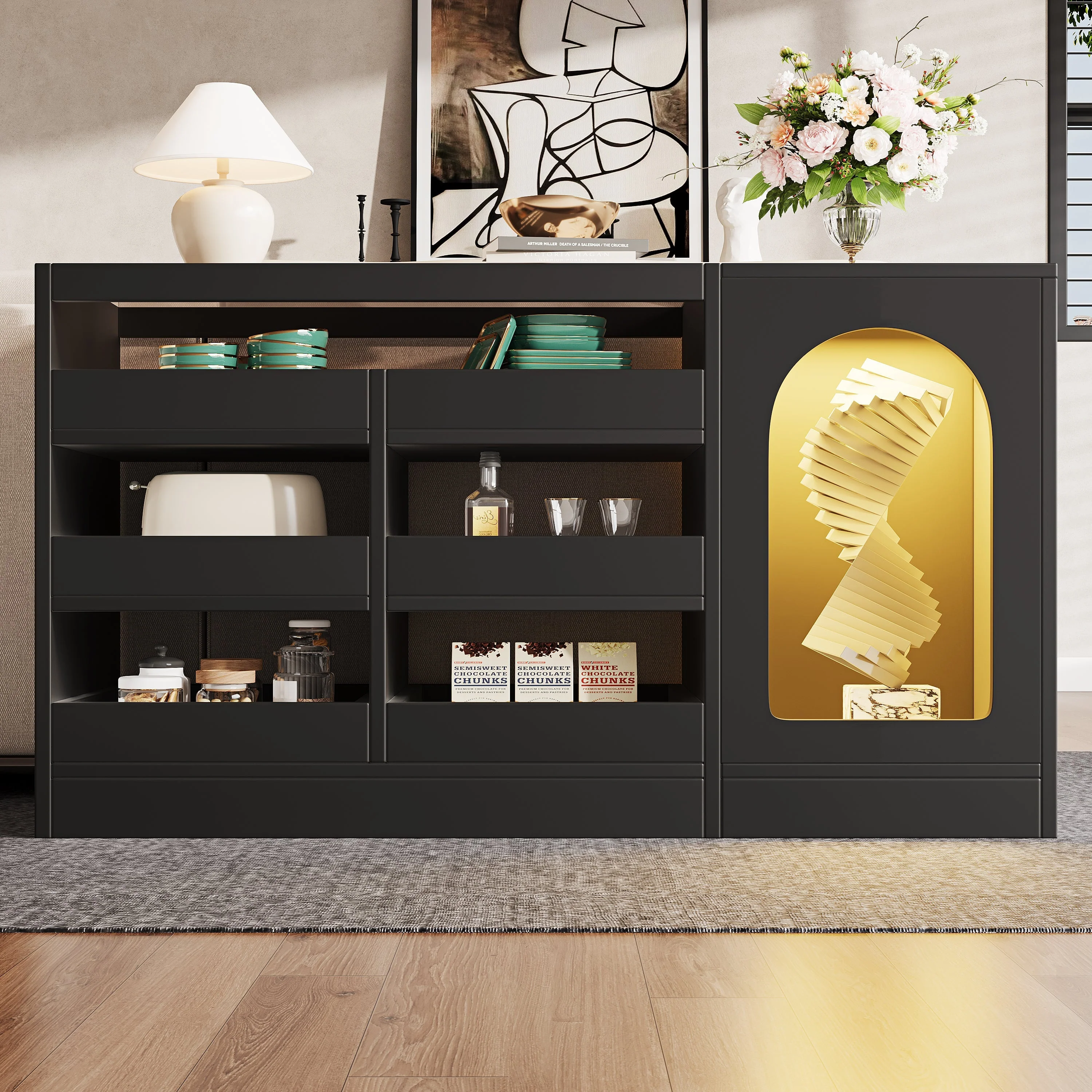 Chest of Drawers Cabinet, Modern 6-Drawer Hollow Door LED Light, Black - Image 2