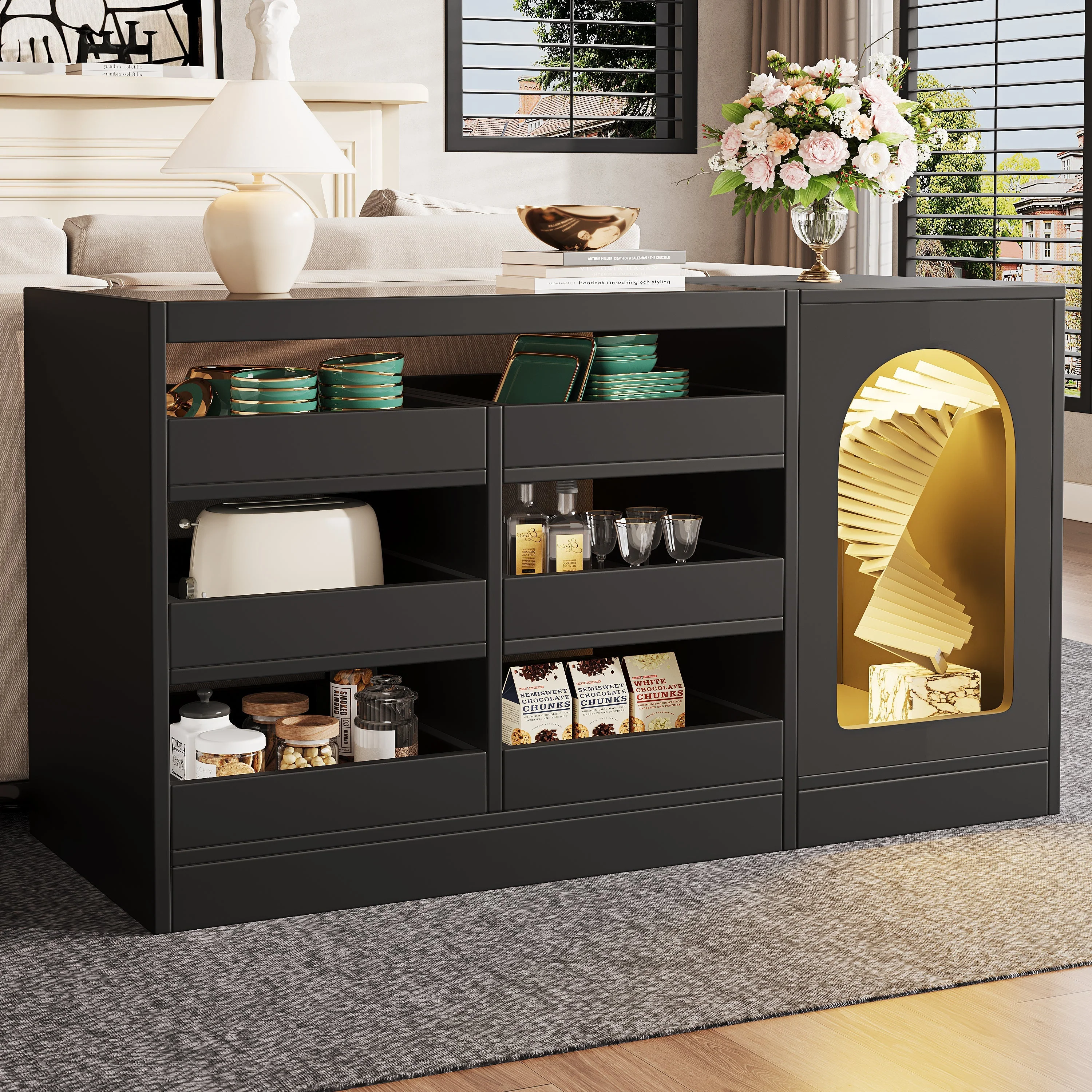 Chest of Drawers Cabinet, Modern 6-Drawer Hollow Door LED Light, Black - Image 3