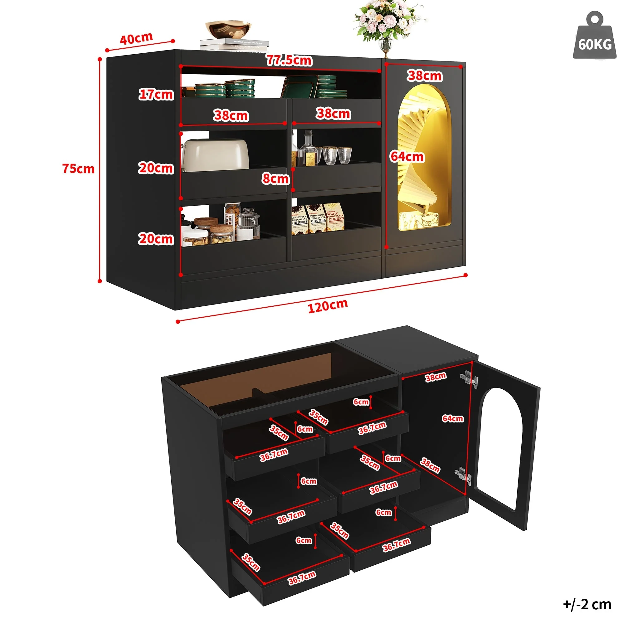 Chest of Drawers Cabinet, Modern 6-Drawer Hollow Door LED Light, Black - Image 4