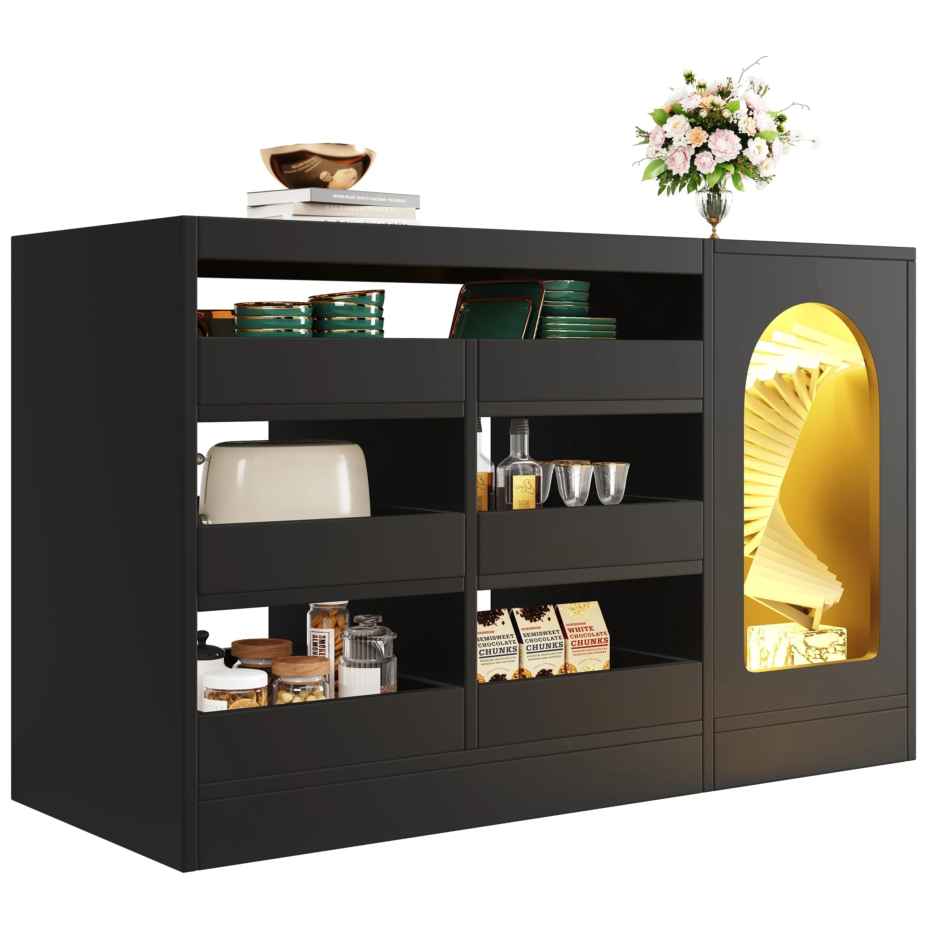Chest of Drawers Cabinet, Modern 6-Drawer Hollow Door LED Light, Black - Image 9
