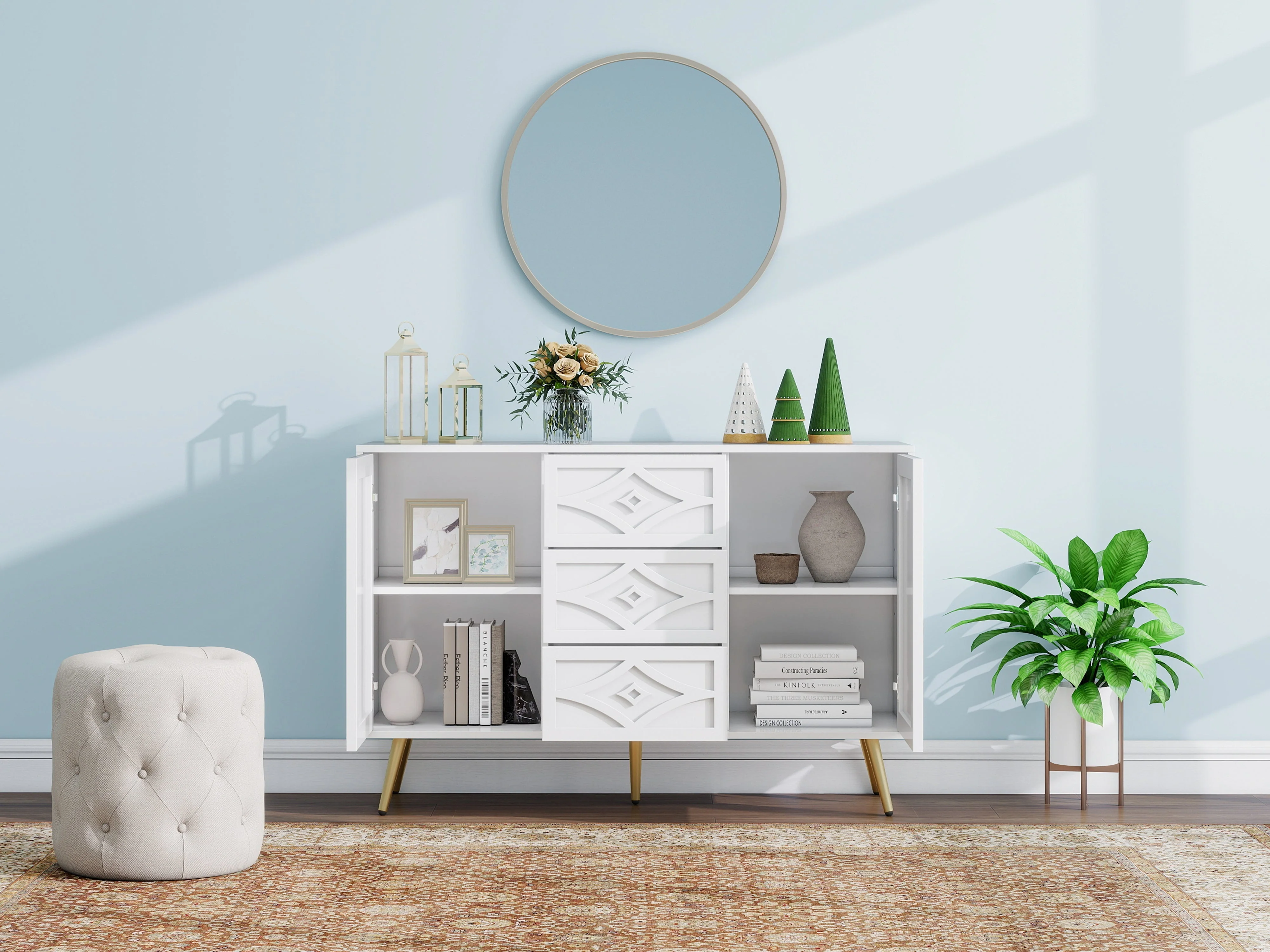 Chest of Drawers, Diamond Pattern with 3 Drawers & 2 Doors, Gold Feet White - Image 3