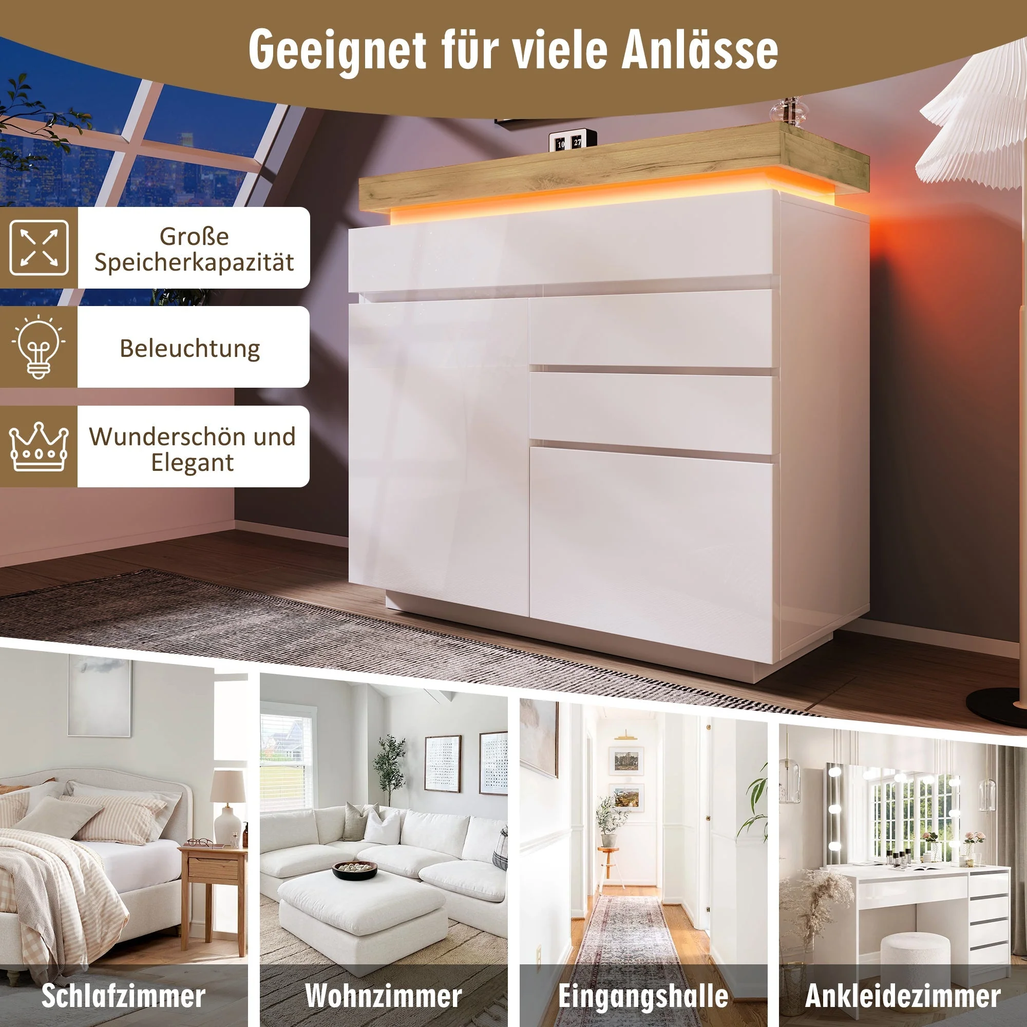 Chest of Drawers, High-Gloss Sideboard 2 Doors 3 Drawers, LED, White - Image 7
