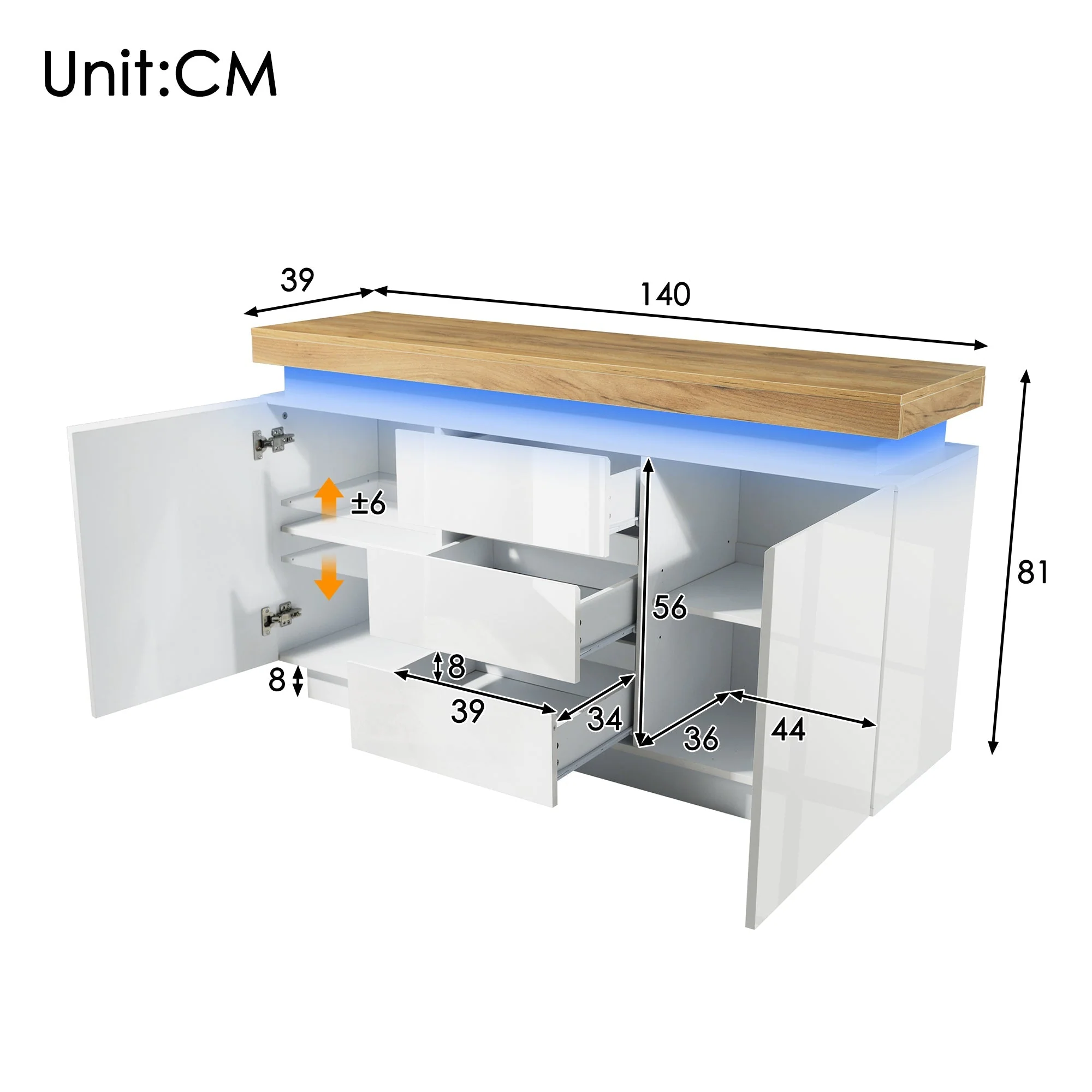 Chest of Drawers, High-Gloss Sideboard with 2 Doors & 3 Drawers, LED Lighting, White - Image 2