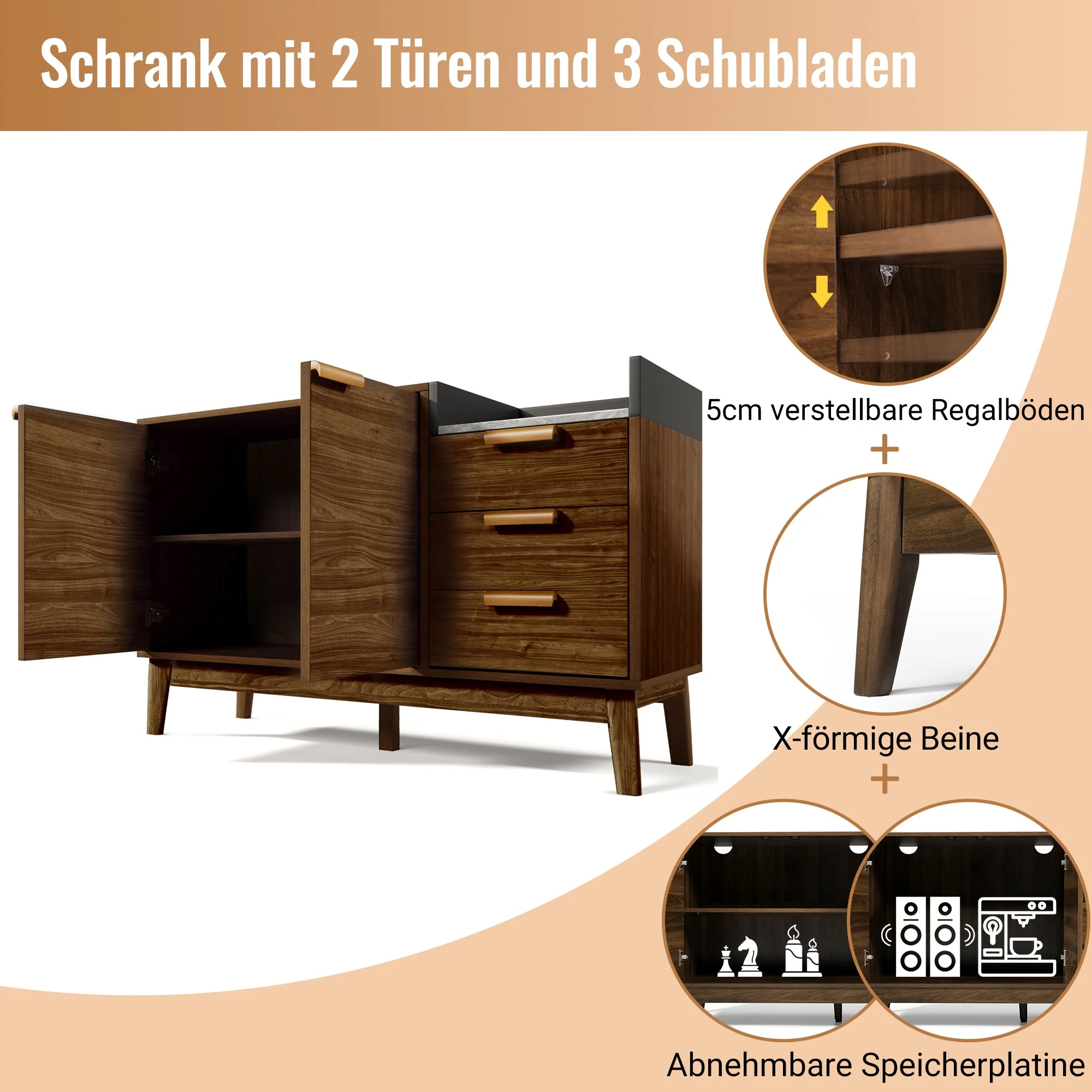 Chest of Drawers, Open Shelf, 3 Drawers & Double-Door Cabinet, Oak with Marble-Effect - Image 10
