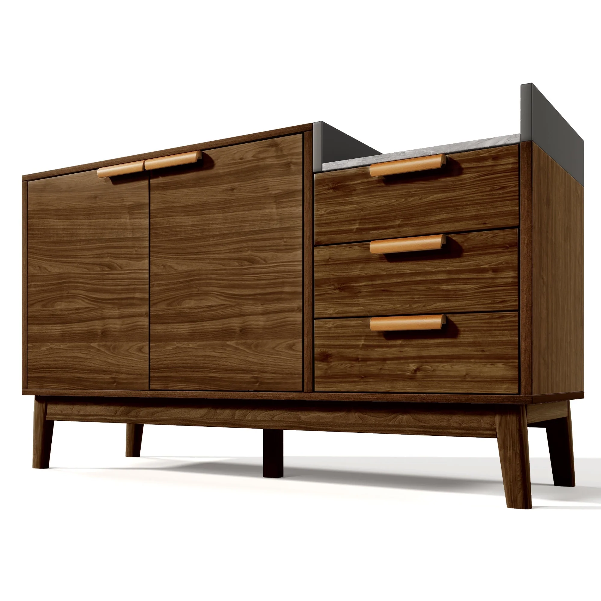 Chest of Drawers, Open Shelf, 3 Drawers & Double-Door Cabinet, Oak with Marble-Effect - Image 6