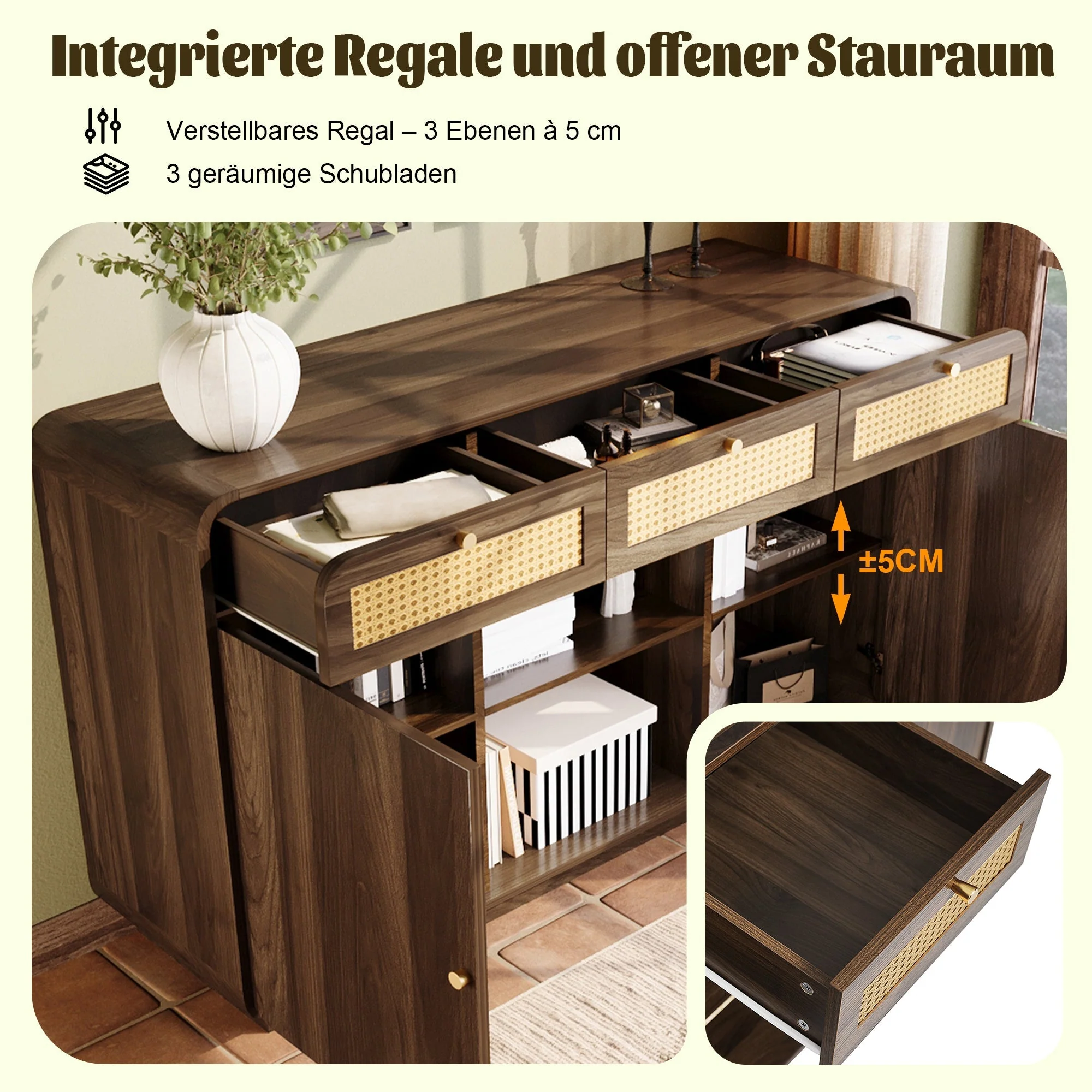 Chest of drawers/sideboard, 3 Drawers 2 Cabinets Rattan Gold Handles, 120cm Walnut - Image 4