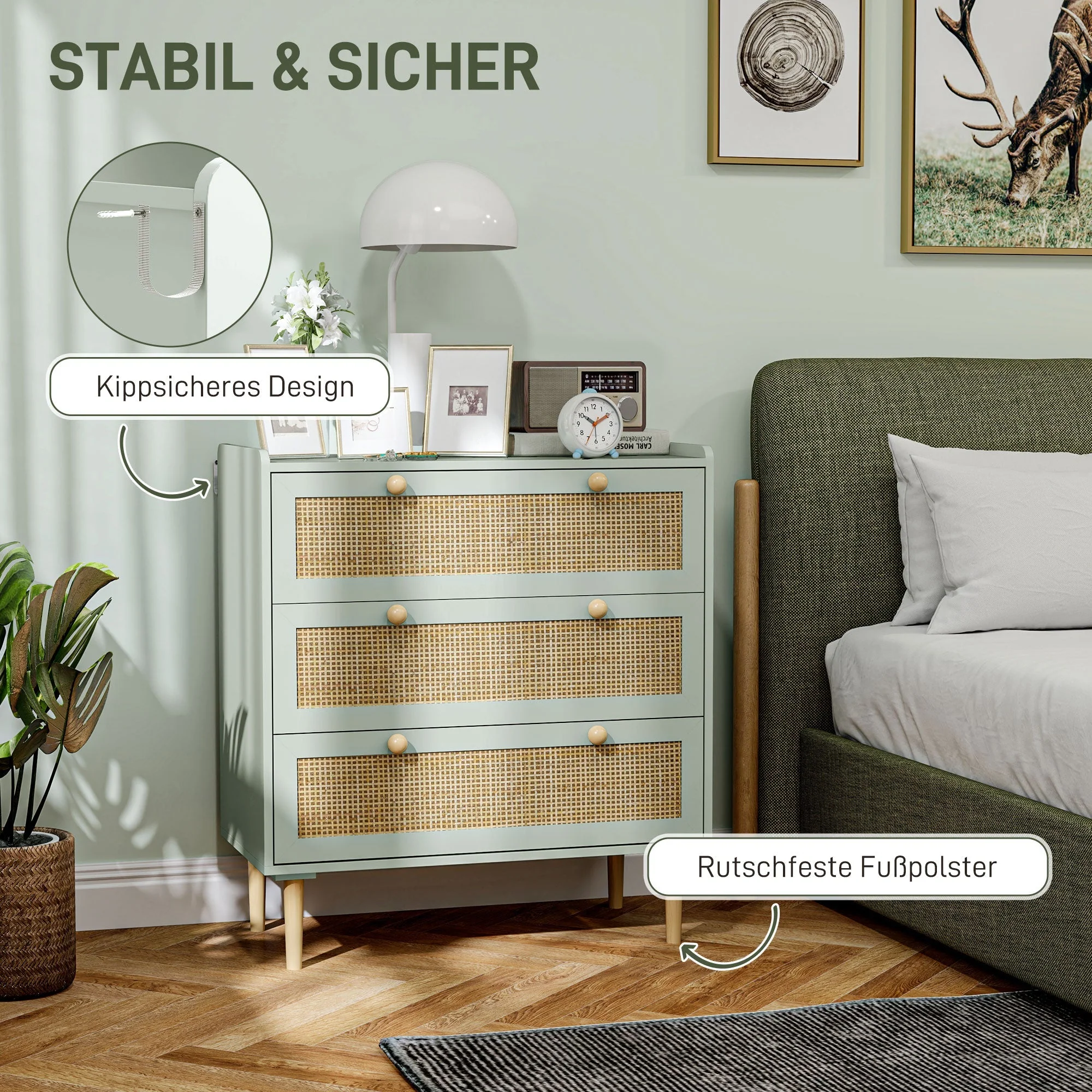 Chest of Drawers/Sideboard, 3 Drawers Boho Rattan Look, Light Blue - Image 6