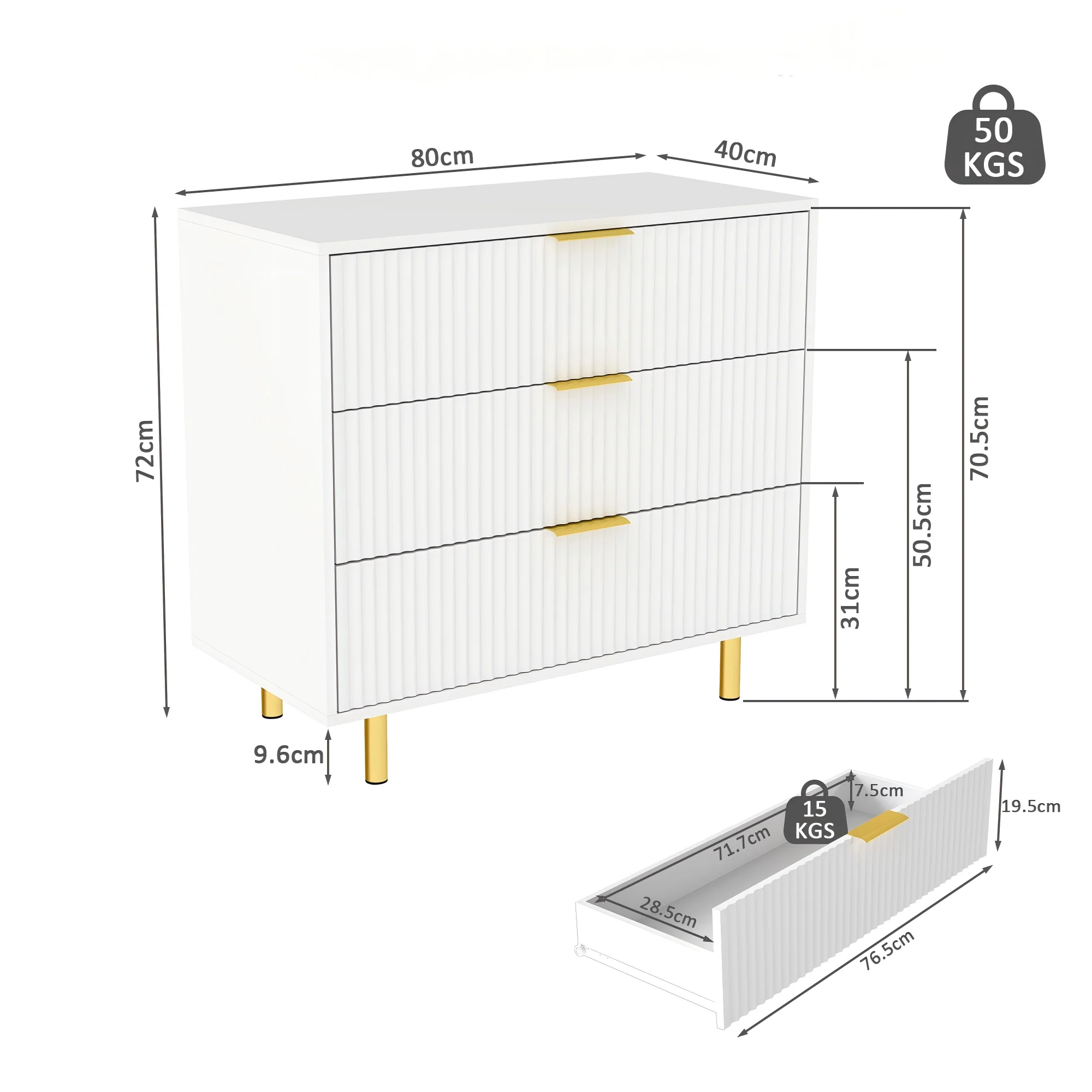 Chest of Drawers Sideboard 3 Drawers Modern Design - White and Gold - Image 4