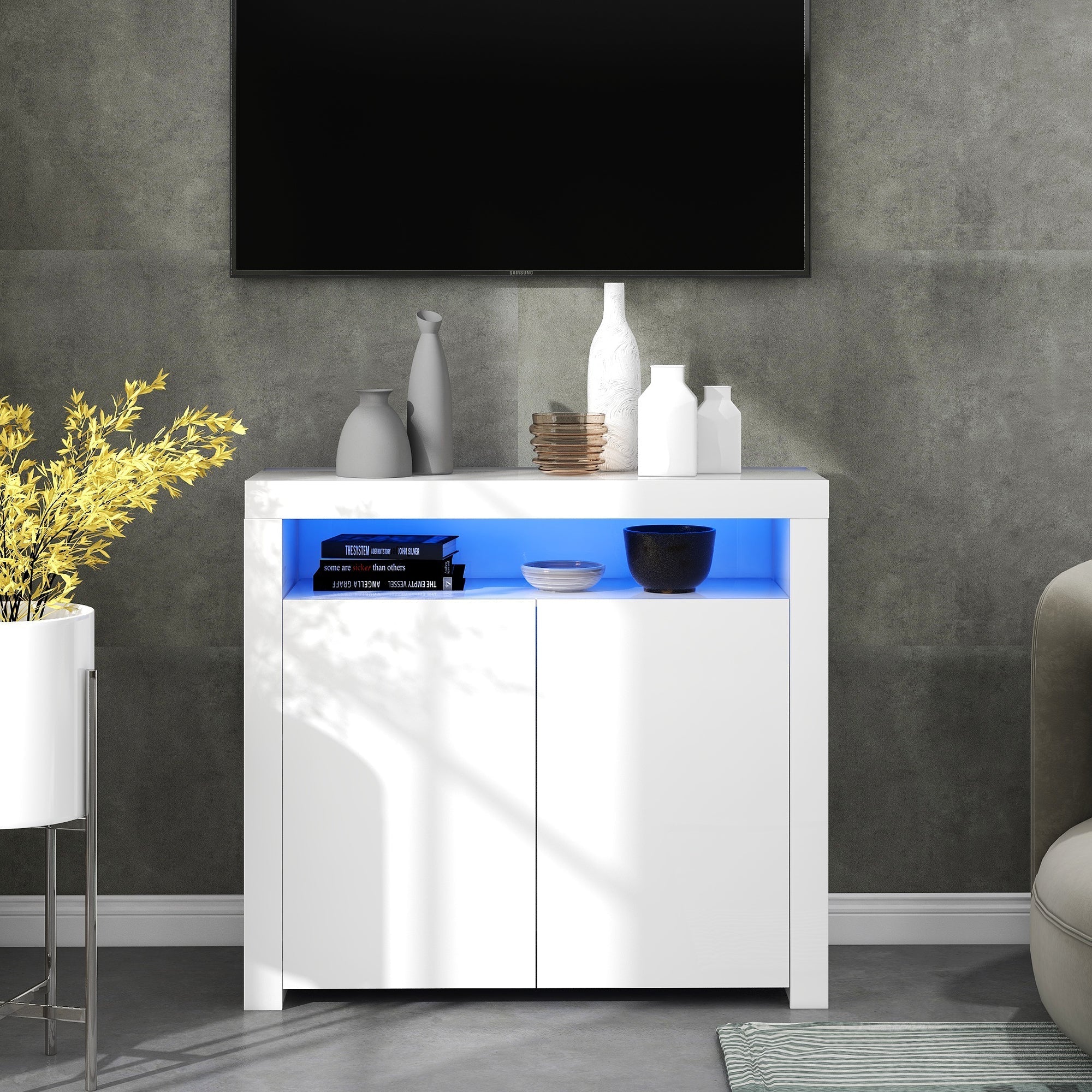 Chest of Drawers Sideboard - High Gloss LED Storage TV Stand - White - Image 3