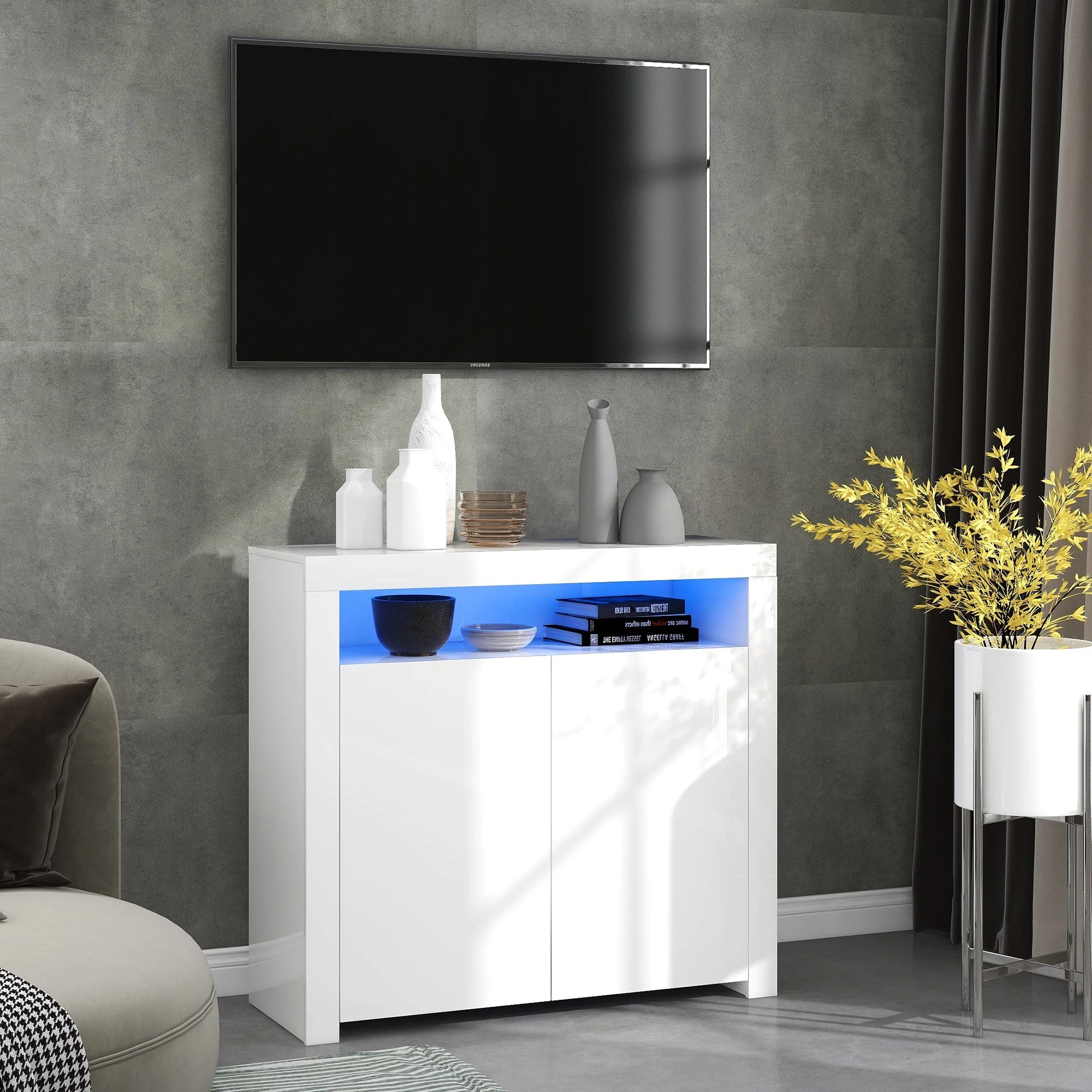 Chest of Drawers Sideboard - High Gloss LED Storage TV Stand - White - Image 4