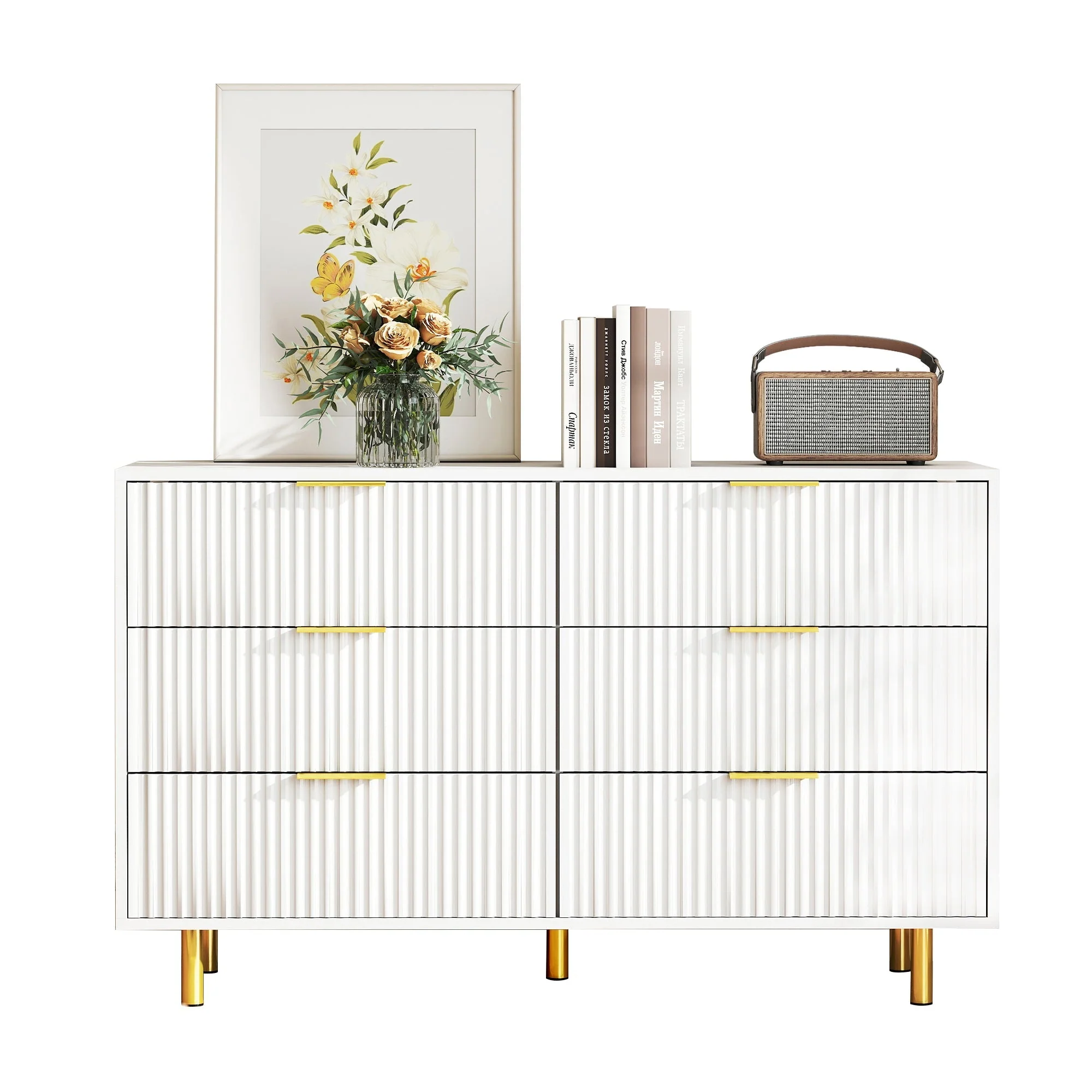 Chest of Drawers Sideboard with 6 Drawers and Modern Design, White and Gold - Image 2