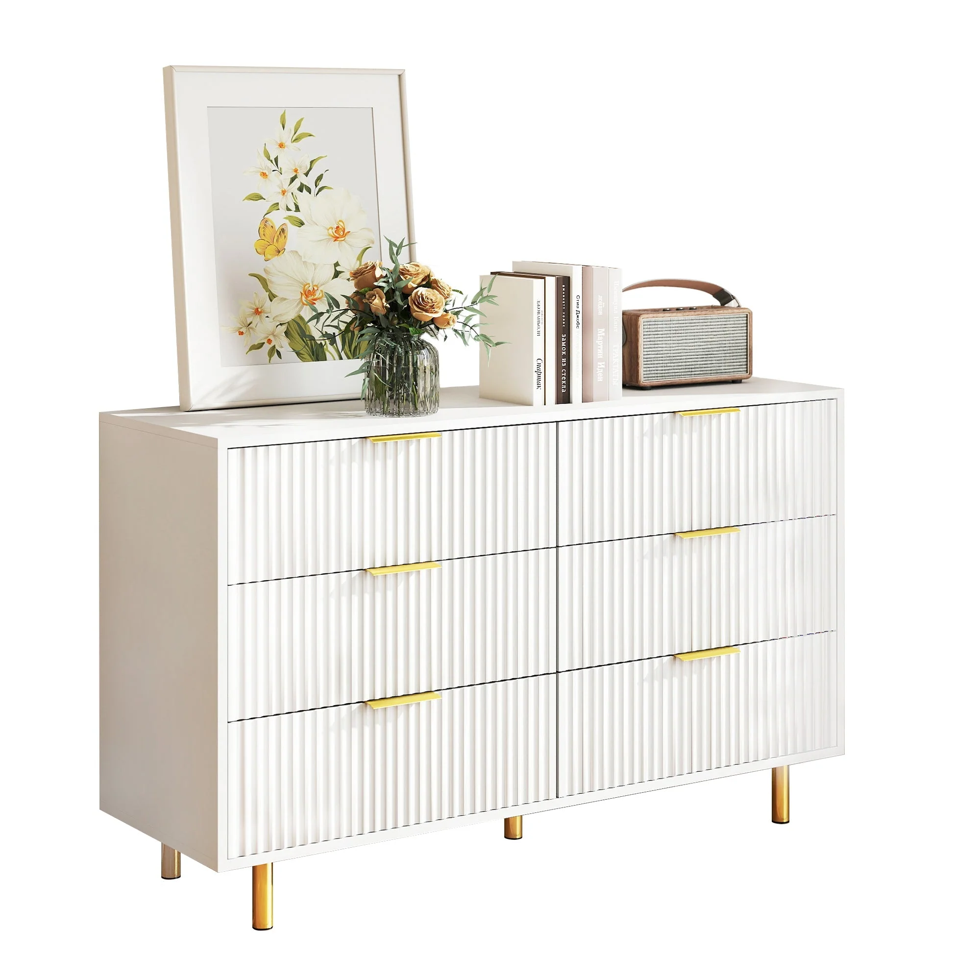 Chest of Drawers Sideboard with 6 Drawers and Modern Design, White and Gold - Image 4