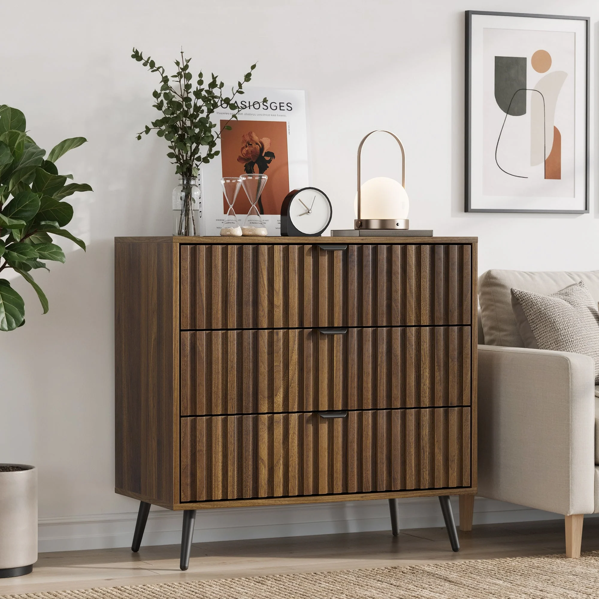 Chest of Drawers Storage Cabinet 3 Drawers Wooden Walnut Color - Image 3