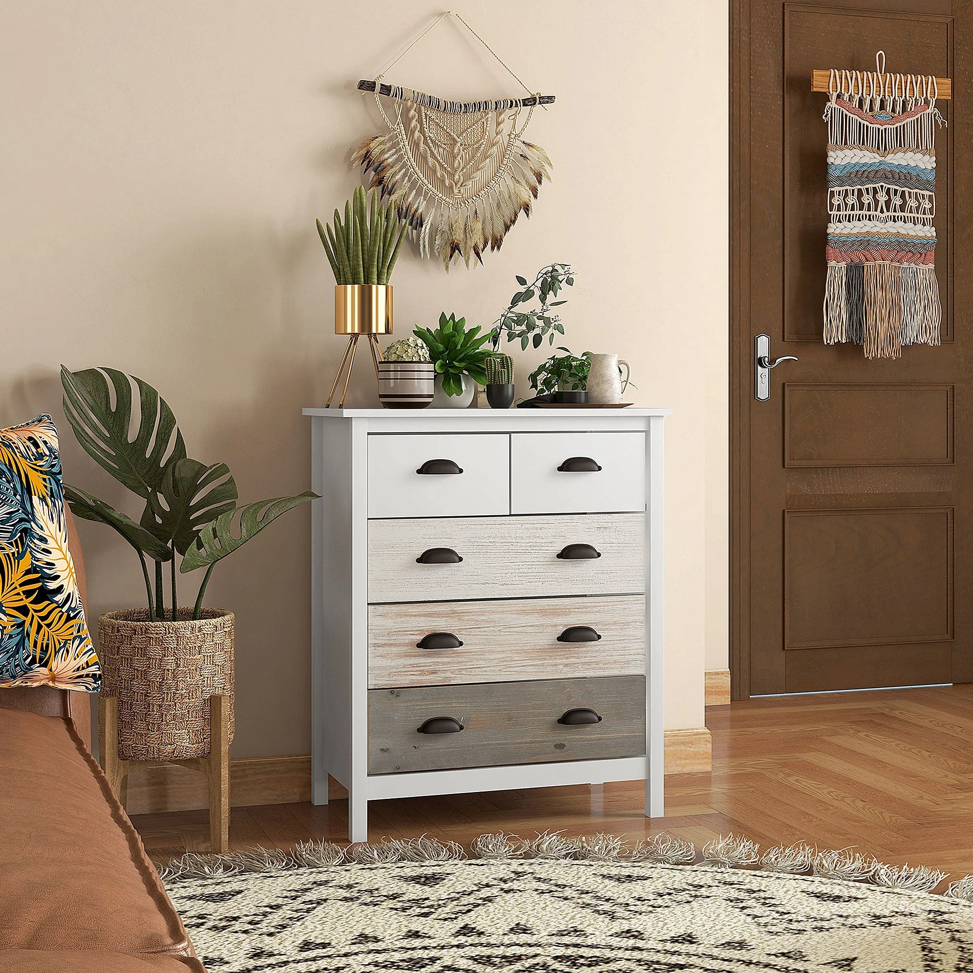 Chest of Drawers Storage Cabinet 5 Drawers Anti-Tip Device 70x38x85cm, White - Image 2