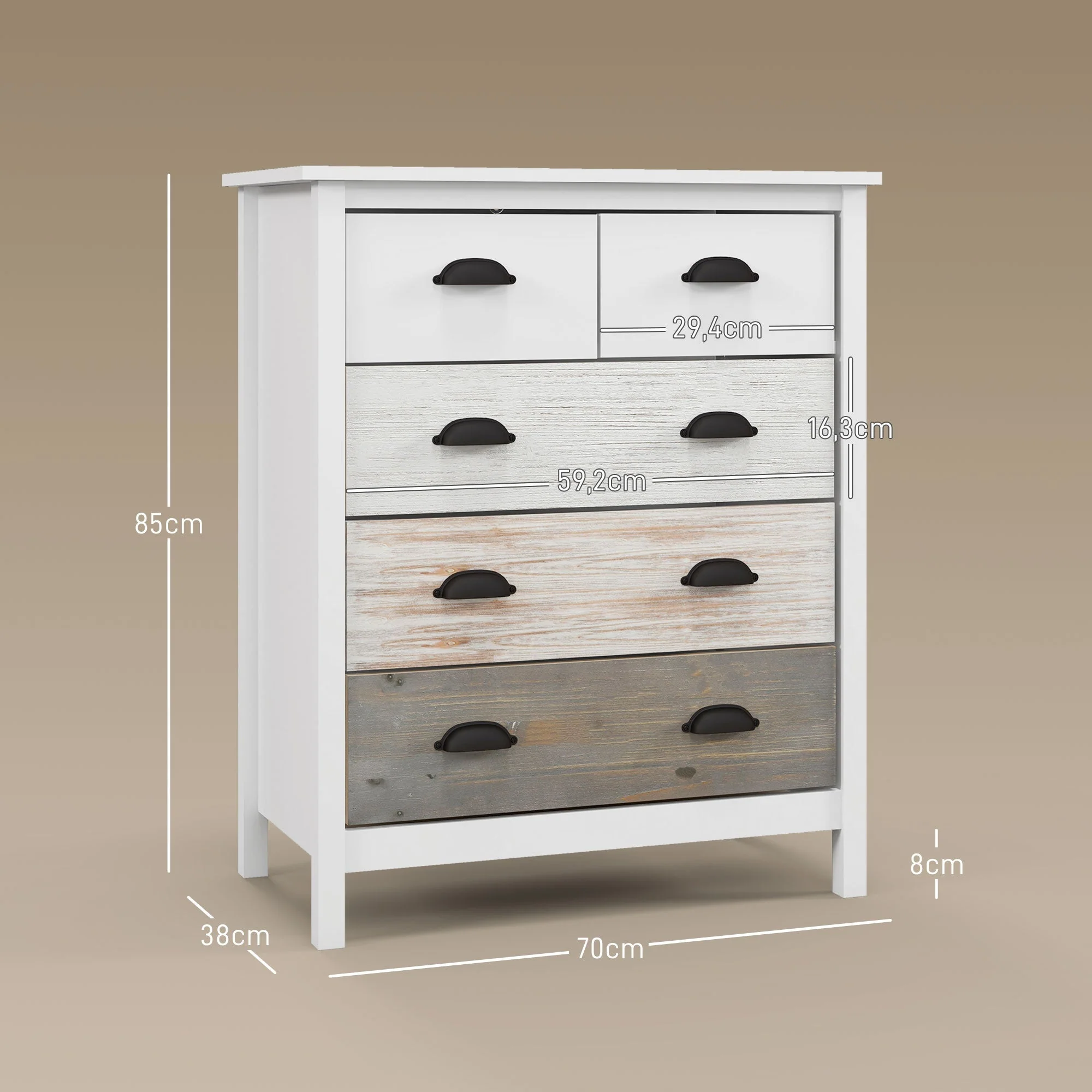 Chest of Drawers Storage Cabinet 5 Drawers Anti-Tip Device 70x38x85cm, White - Image 3