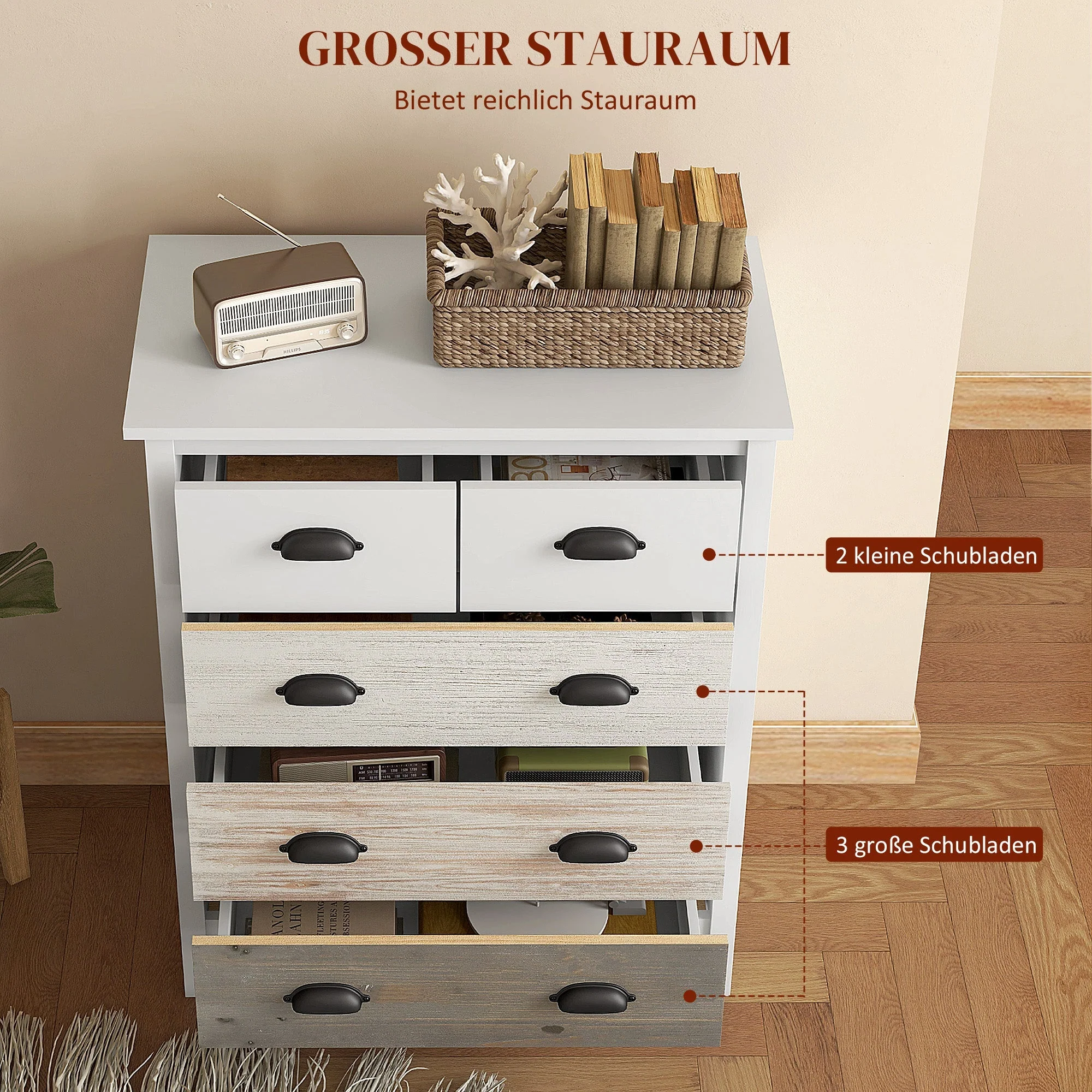 Chest of Drawers Storage Cabinet 5 Drawers Anti-Tip Device 70x38x85cm, White - Image 4