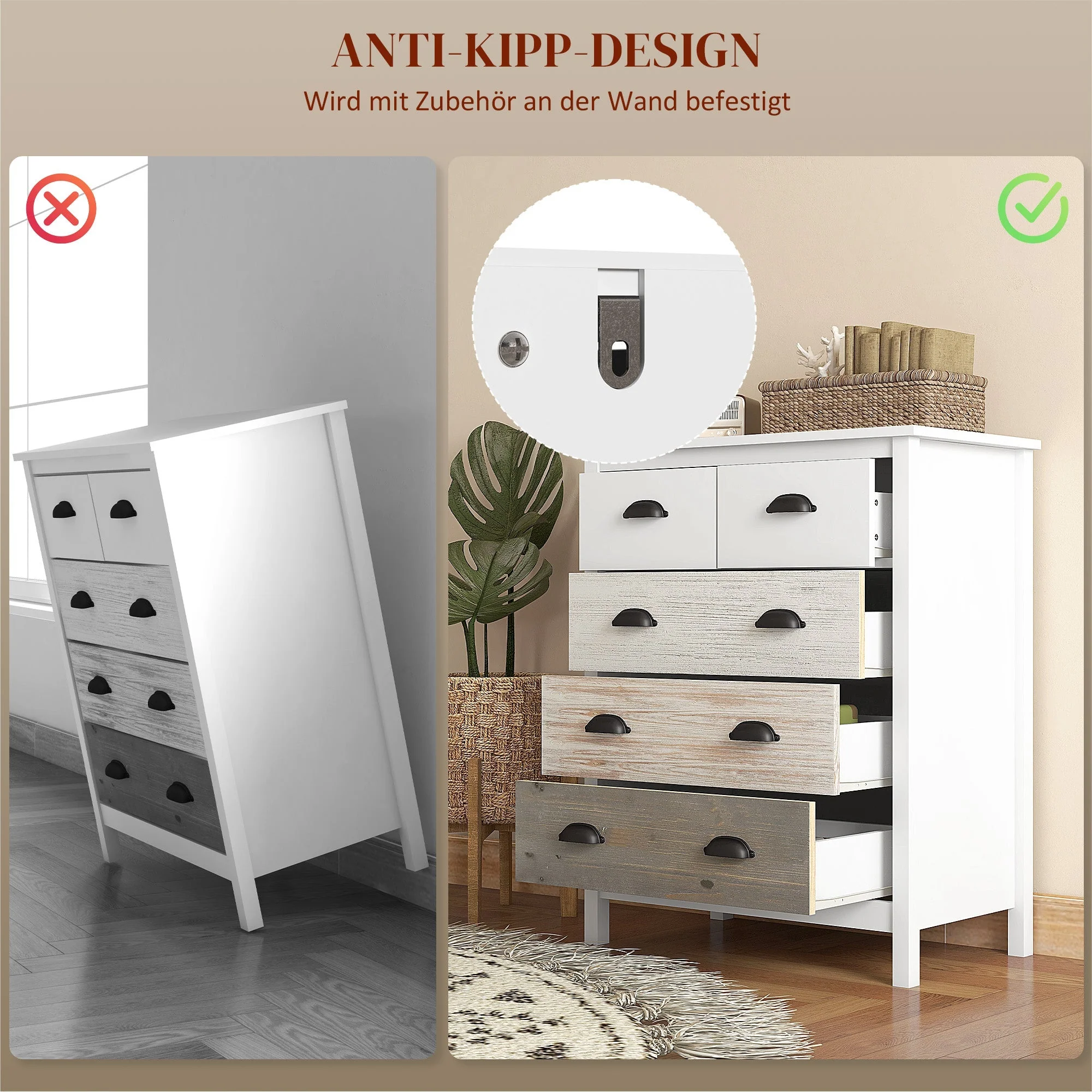 Chest of Drawers Storage Cabinet 5 Drawers Anti-Tip Device 70x38x85cm, White - Image 5