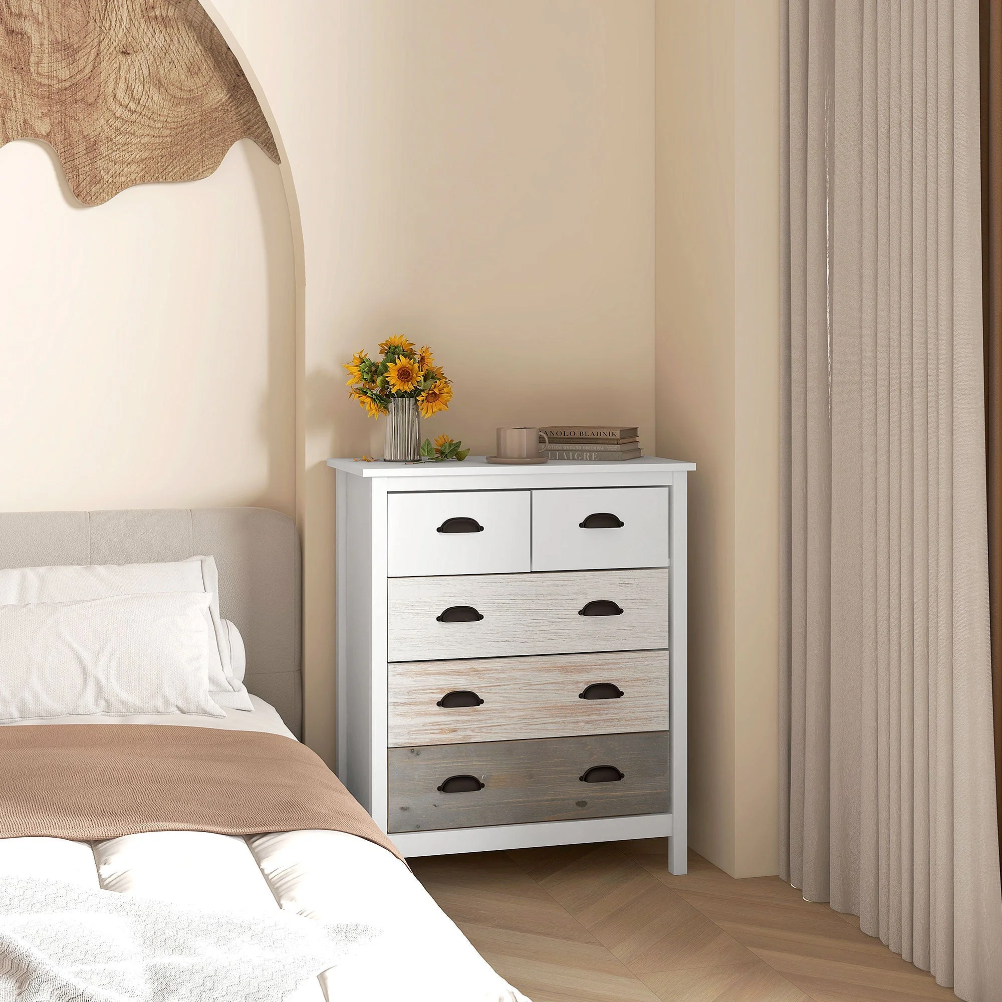 Chest of Drawers Storage Cabinet 5 Drawers Anti-Tip Device 70x38x85cm, White - Image 7