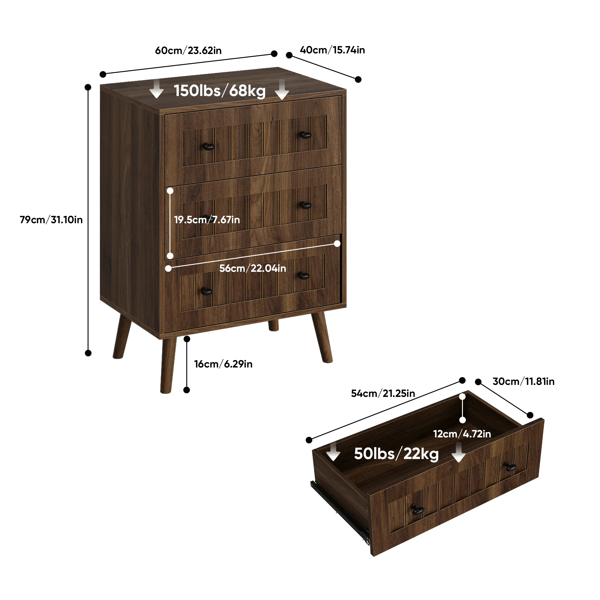 Chest of Drawers with 3 Drawers and Storage Cabinet, Walnut Wood - Image 2