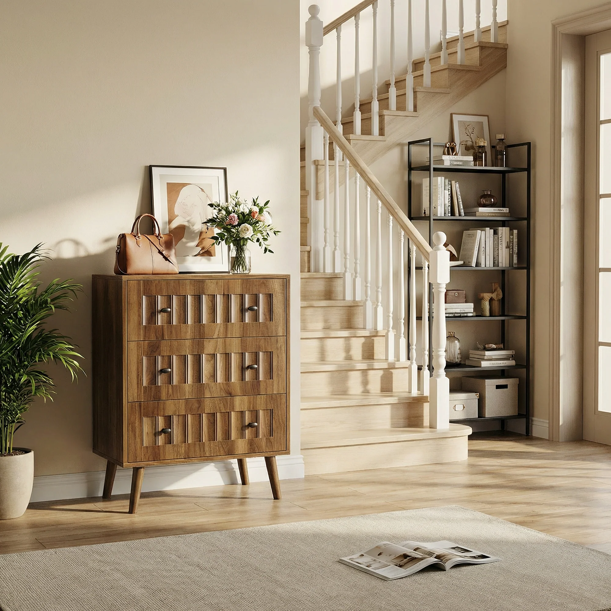 Chest of Drawers with 3 Drawers and Storage Cabinet, Walnut Wood - Image 3