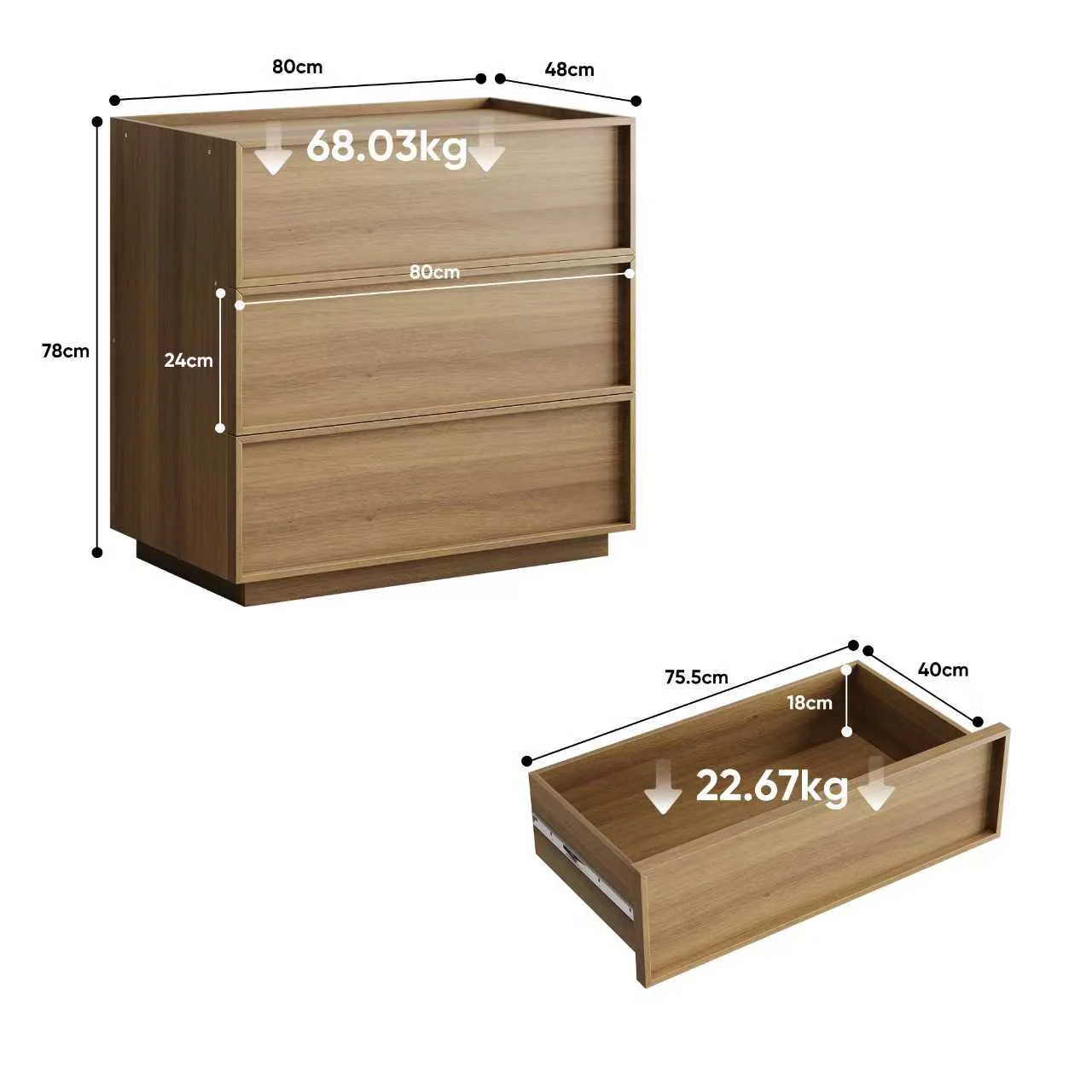 Chest of Drawers with 3 Storage Drawers and Metal Rails, Oak Wood Look - Image 2