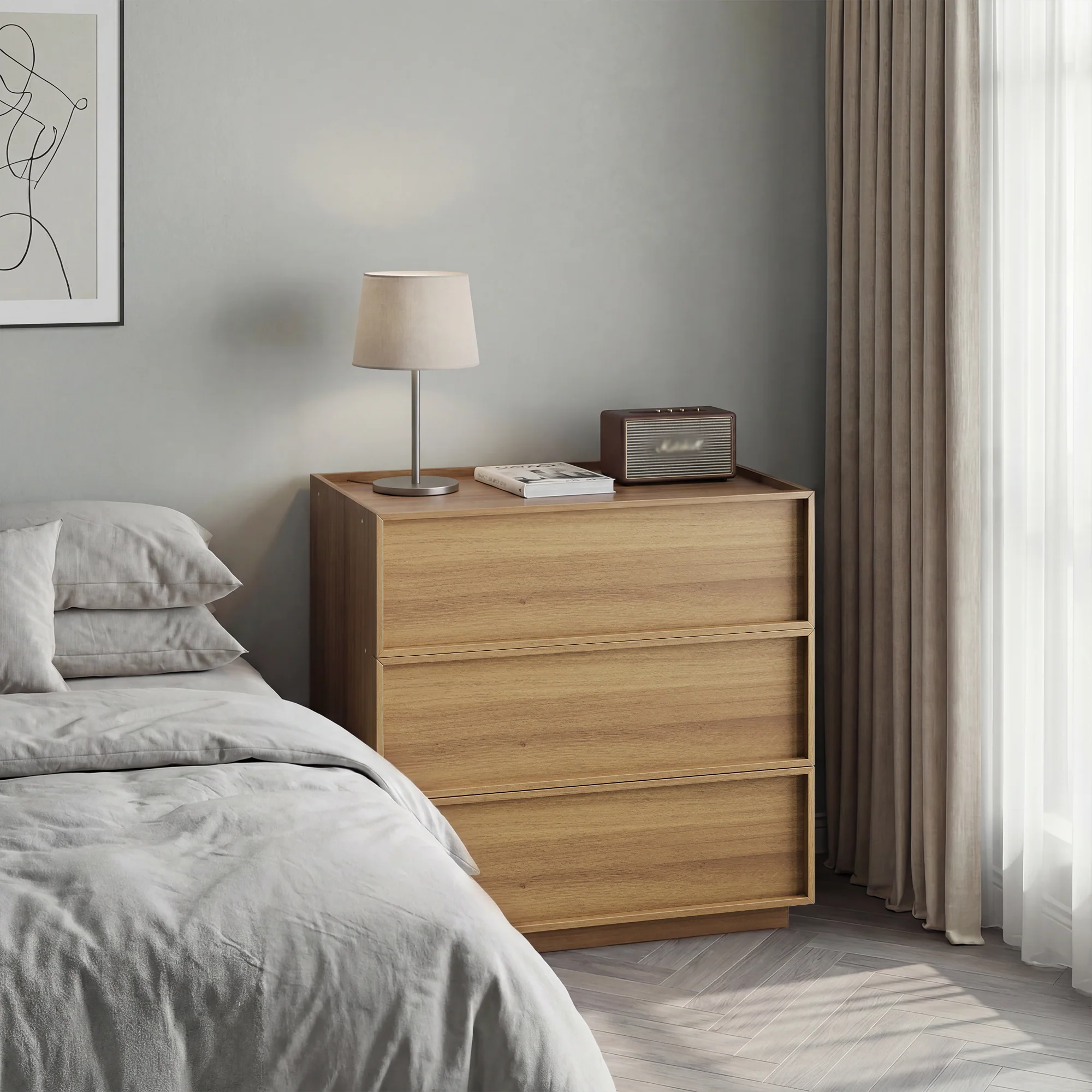 Chest of Drawers with 3 Storage Drawers and Metal Rails, Oak Wood Look - Image 3